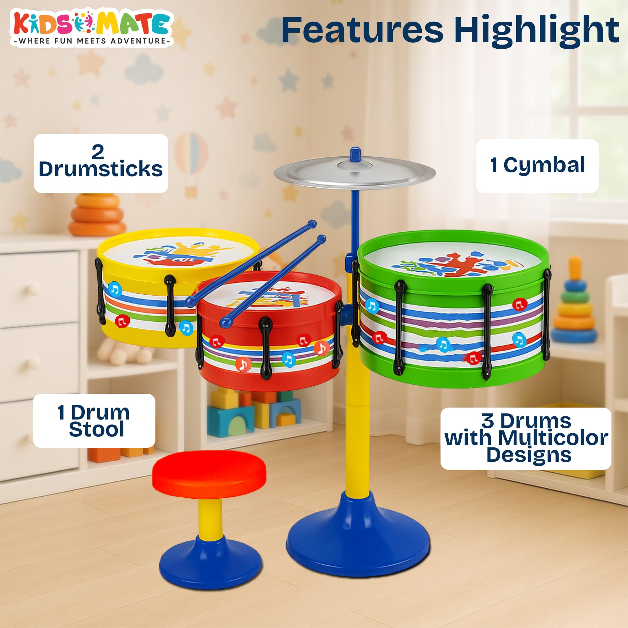 Kidsmate Lil’ Beats Drum Set for Kids | Musical Toy Set with 3 Drums, 1 Cymbal, Drumsticks & Stool | Durable Plastic Learning Toy Music Instrument for Boys & Girls for 3 Years & Above - Multicolor - Image 4 thumbnail