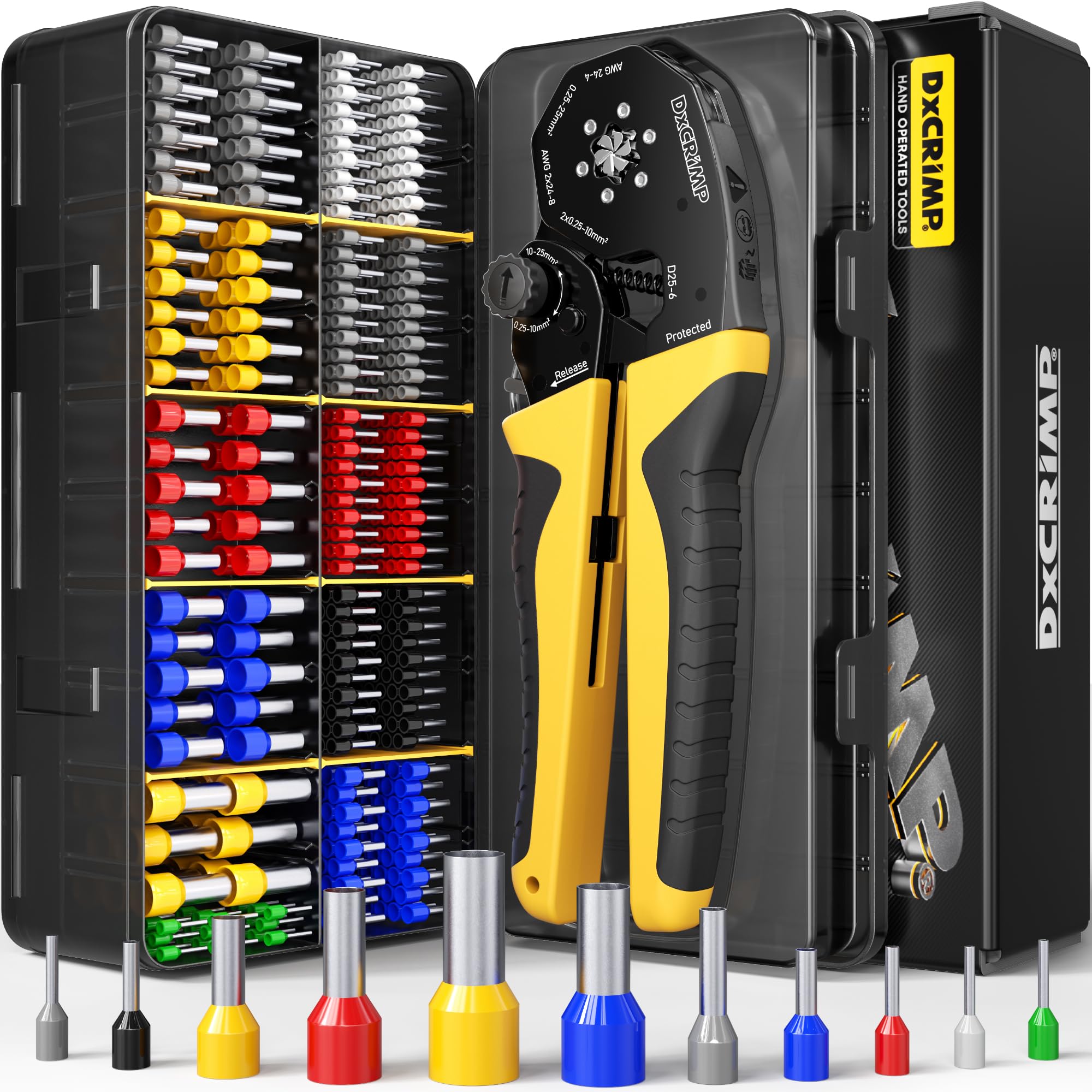 Kit de Crimpadora de Punteras Huecas 0,25-25 mm² (AWG 24-4) - Surtido 11 Tipos de Terminales - Alicates para Electricistas