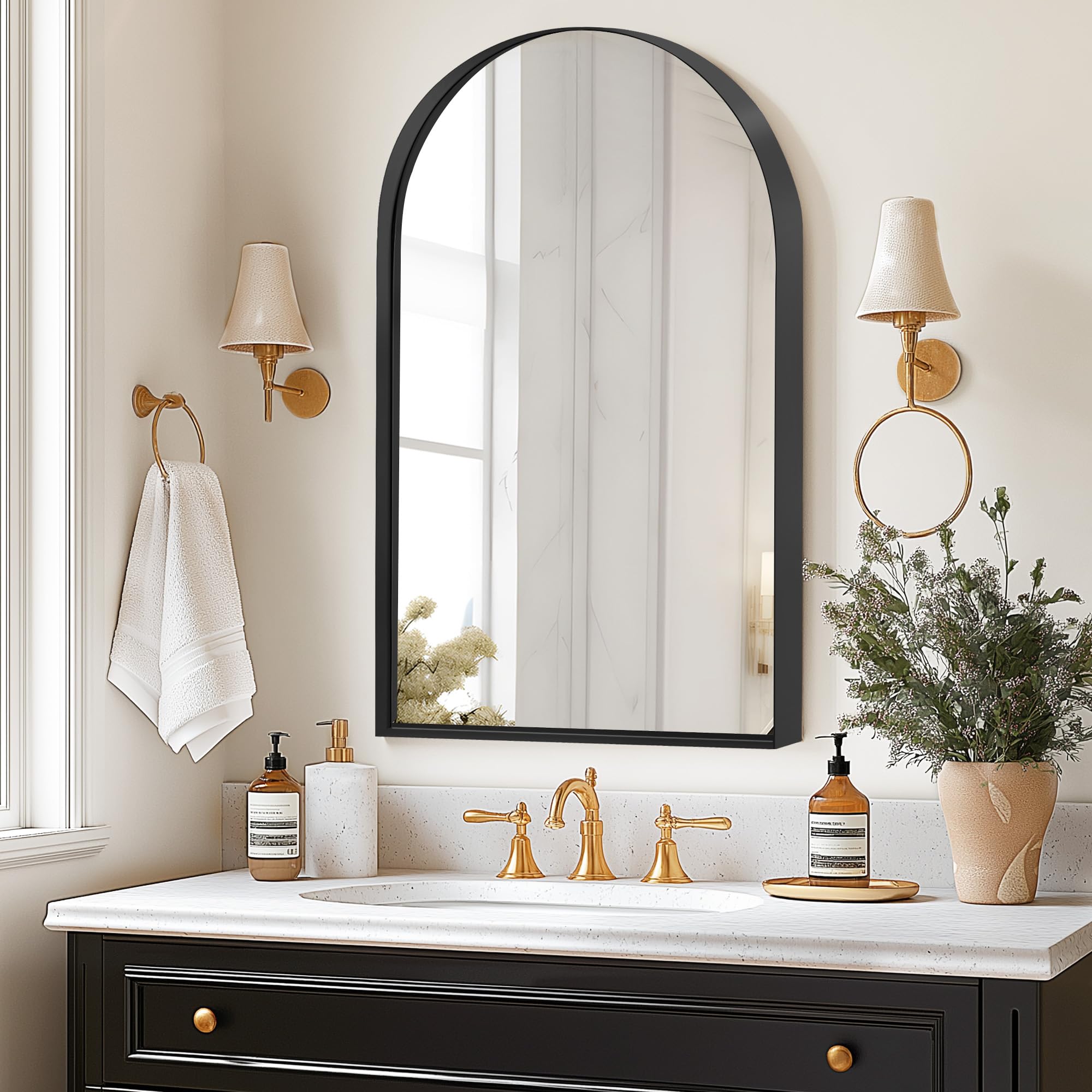 m Arched Bathroom Medicine Cabinet with Mirror, 32''x48'' Recessed Medicine Cabinet for Bathroom with Beveled Edge Mirror, Wall Mounted Deep Set Alumiunm Frame, Black
