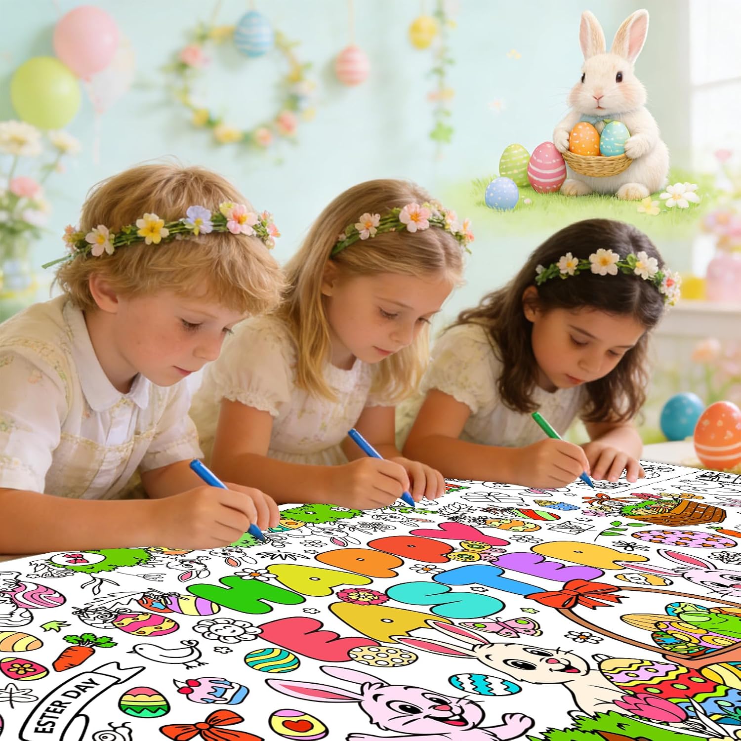 2 PCS Easter Coloring Tablecloth, Easter Crafts for Kids, 72" x 30" Giant Paper Coloring Table Cloth Banner for Gifts Activities, Fun DIY Art Easter Decorations Supplies for Family School Party Games image 5
