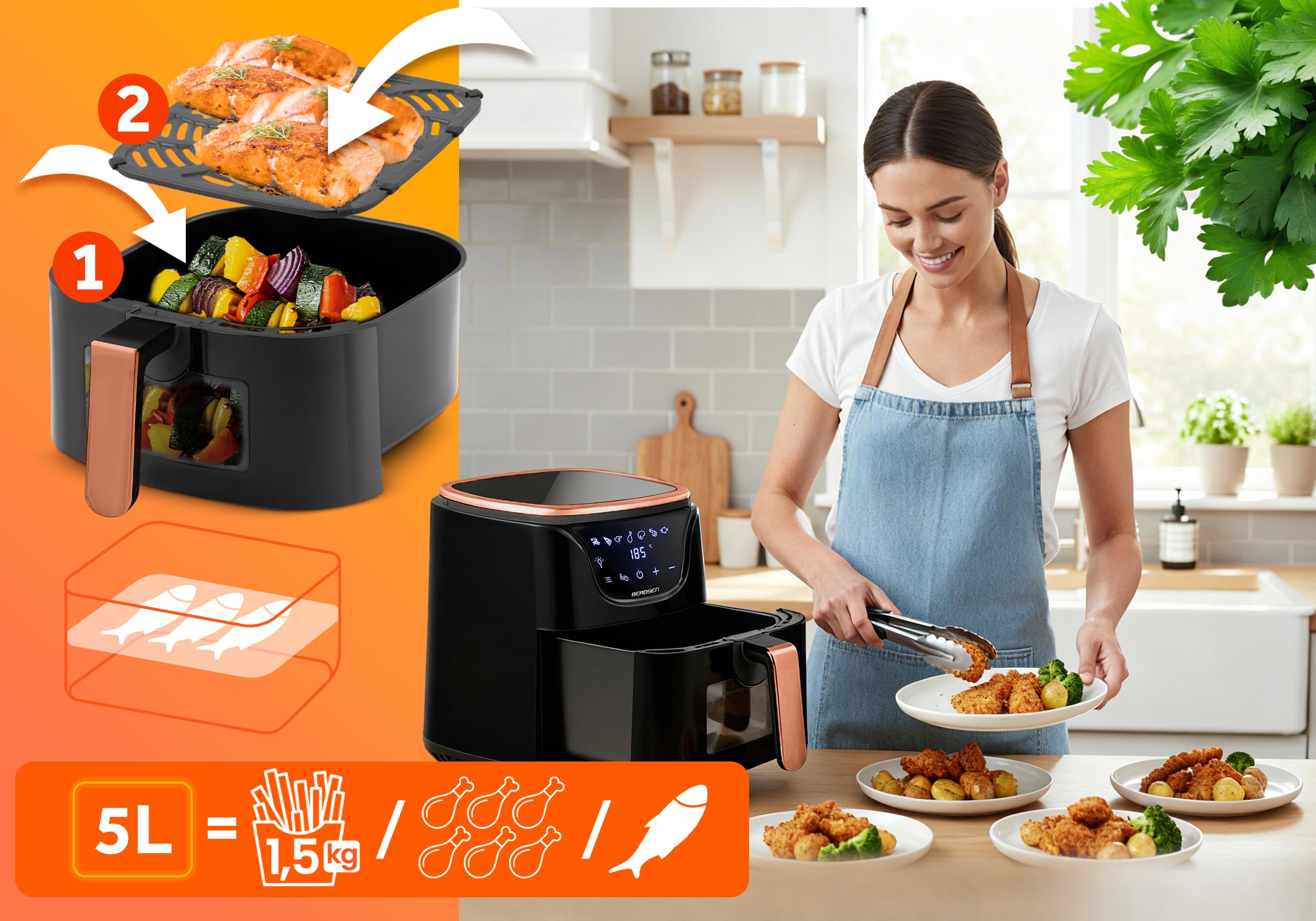 Berdsen Frytkownica beztłuszczowa frytownica airfryer 5l 1500W czarno-złota