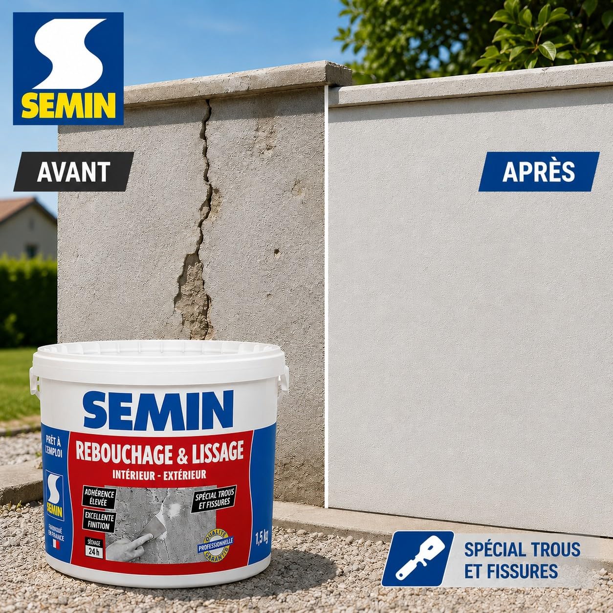 SEMIN Enduit de Rebouchage- 5 X 1,5 kg – Spécial Fissures & Trous de Vis – Intérieur/Extérieur – Prêt à l’Emploi – Haute Adhérence – Finition Lisse – Rebouchage Murs & Plafonds