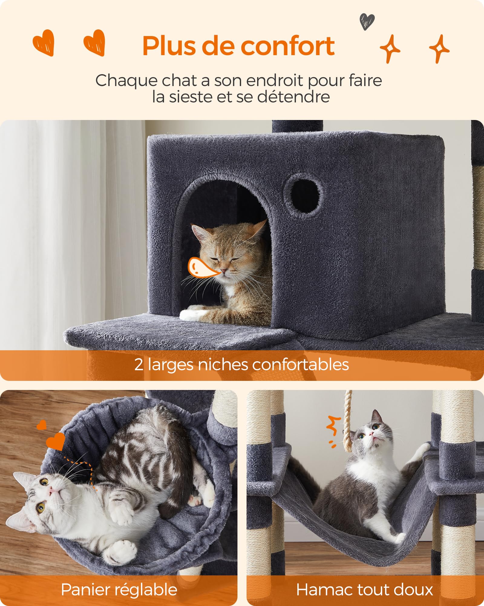 Feandrea Arbre à Chat, Hauteur 206 cm, avec 13 Griffoirs, 2 Plate-Forme, 2 Niches, Panier, Hamac, Pompon, Tissu Peluche, Multi-Niveaux pour Chat d'Intérieur, Gris Foncé PCT190G01