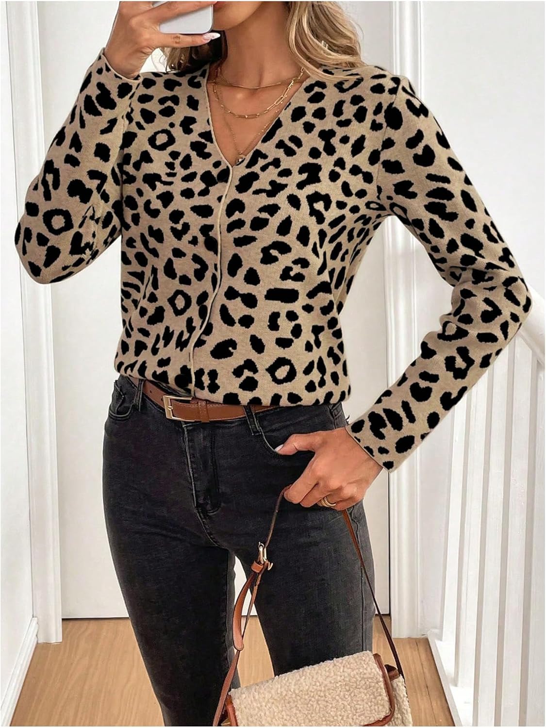 SweatyRocks Women's Cheetah Print Cardigans Casual V Neck Button Up Fall Sweater Outwear - Image 5