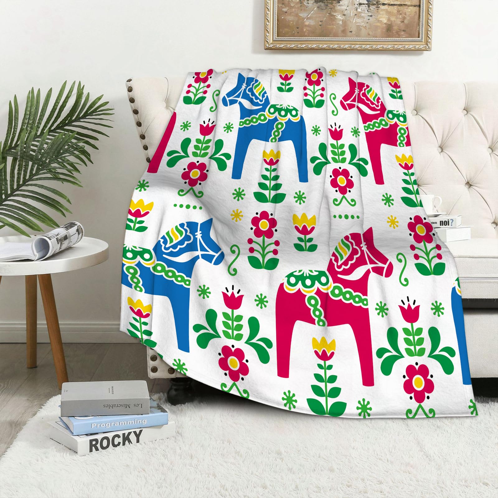 Maapchp Swedish Folk Art Dala Or Daleclarian Horse S - A4 Flannel Fleece Blanket Throws For Sofa Fluffy Blanket Bed Throw For Bedroom Swedish Folk Art Dala Or Daleclarian Horse Seamless Pattern Blanket For Bed, Couch,Car 60X80in