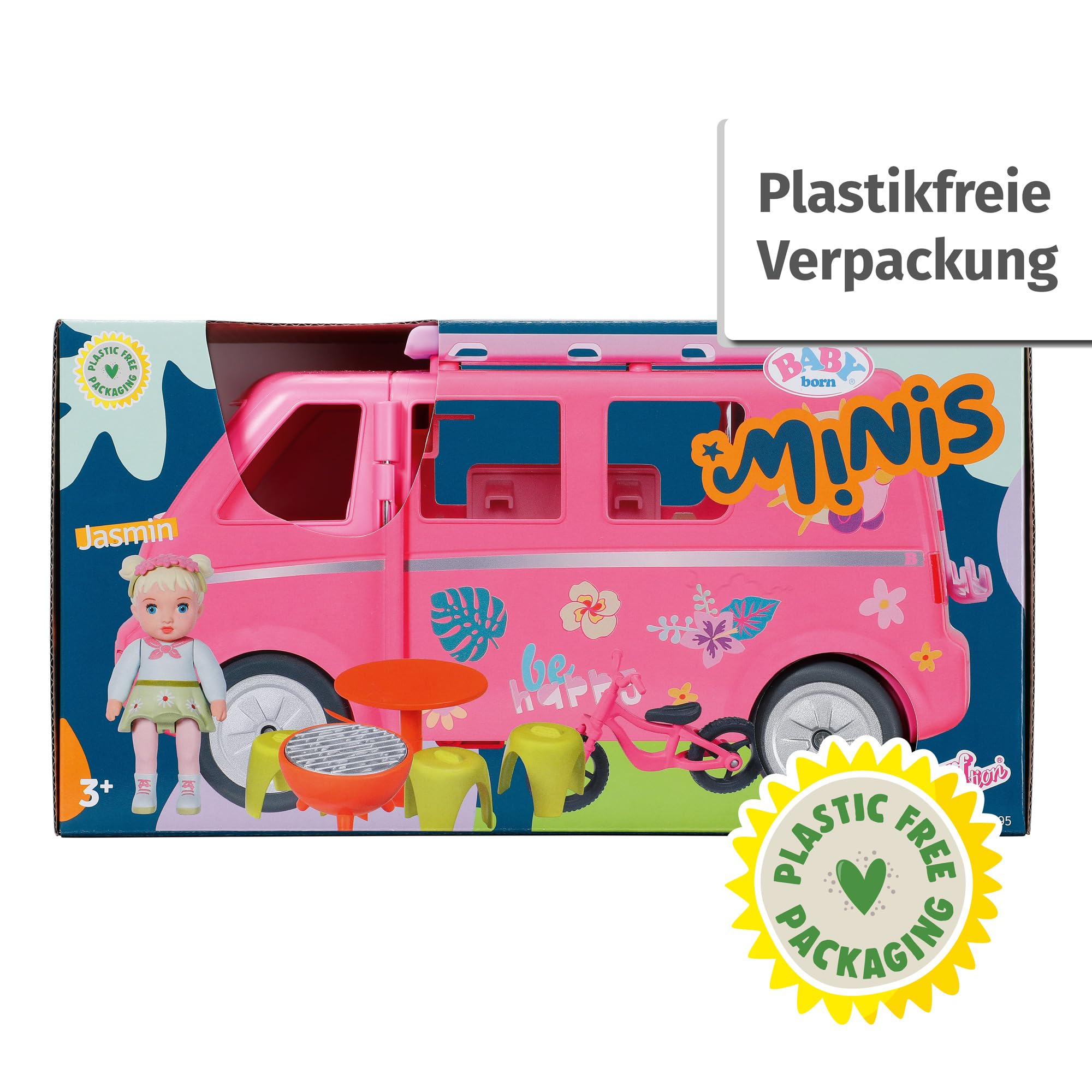 Baby Born, Puppenfahrzeug, Wohnwagen für Puppen, Baby Born Minis - Campervan, Wohnmobil, aufklappbarer Wohnwagen für Baby Born Minis Puppen mit 6 Zubehörteilen und Puppe, 906095, Zapf Creation