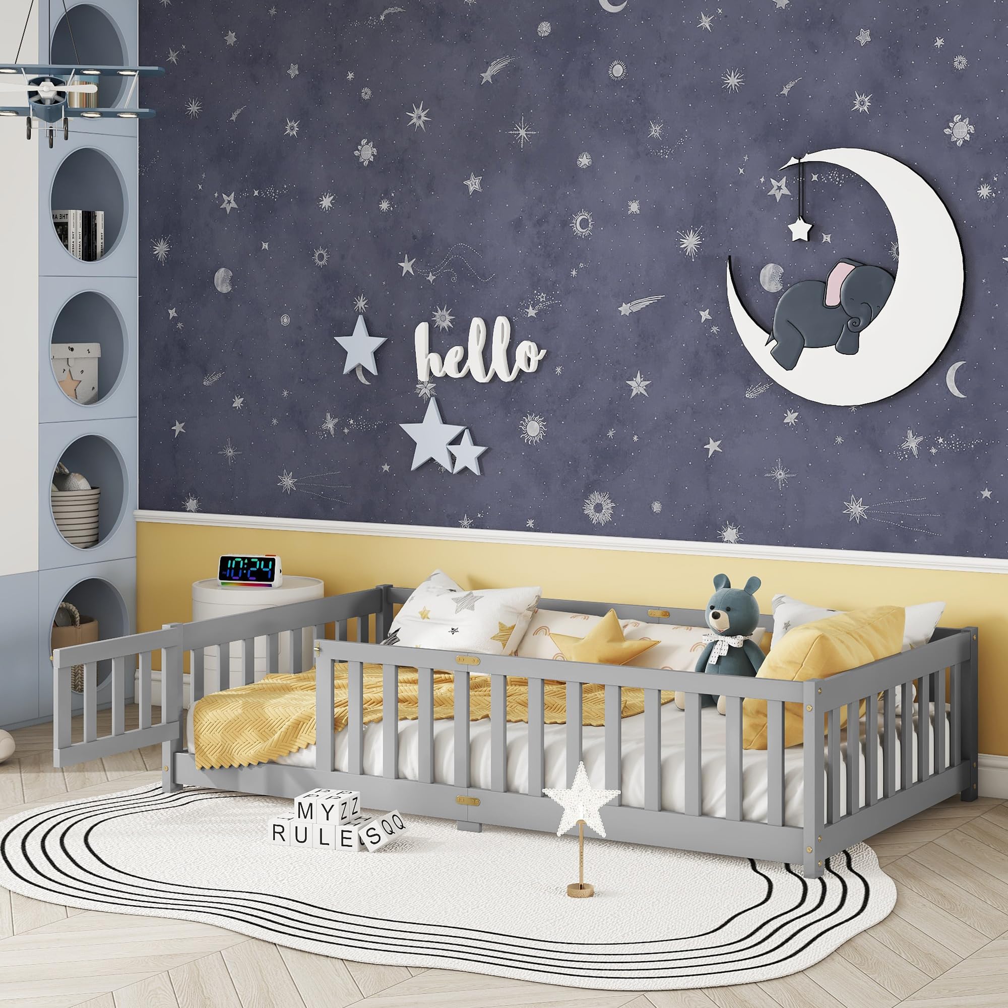 Mirightone Twin Size Floor Bed for Kids, Wood Montessori Floor Beds with Fence Railings, Door & Slats Support, Twin Playhouse Bed Frame for Boys Girls