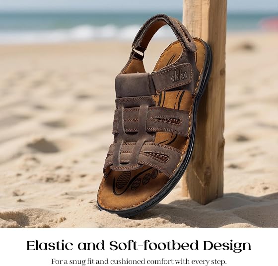 OKKO Mens Leather Sandals Open Toe Athletic Fisherman Sandal 
