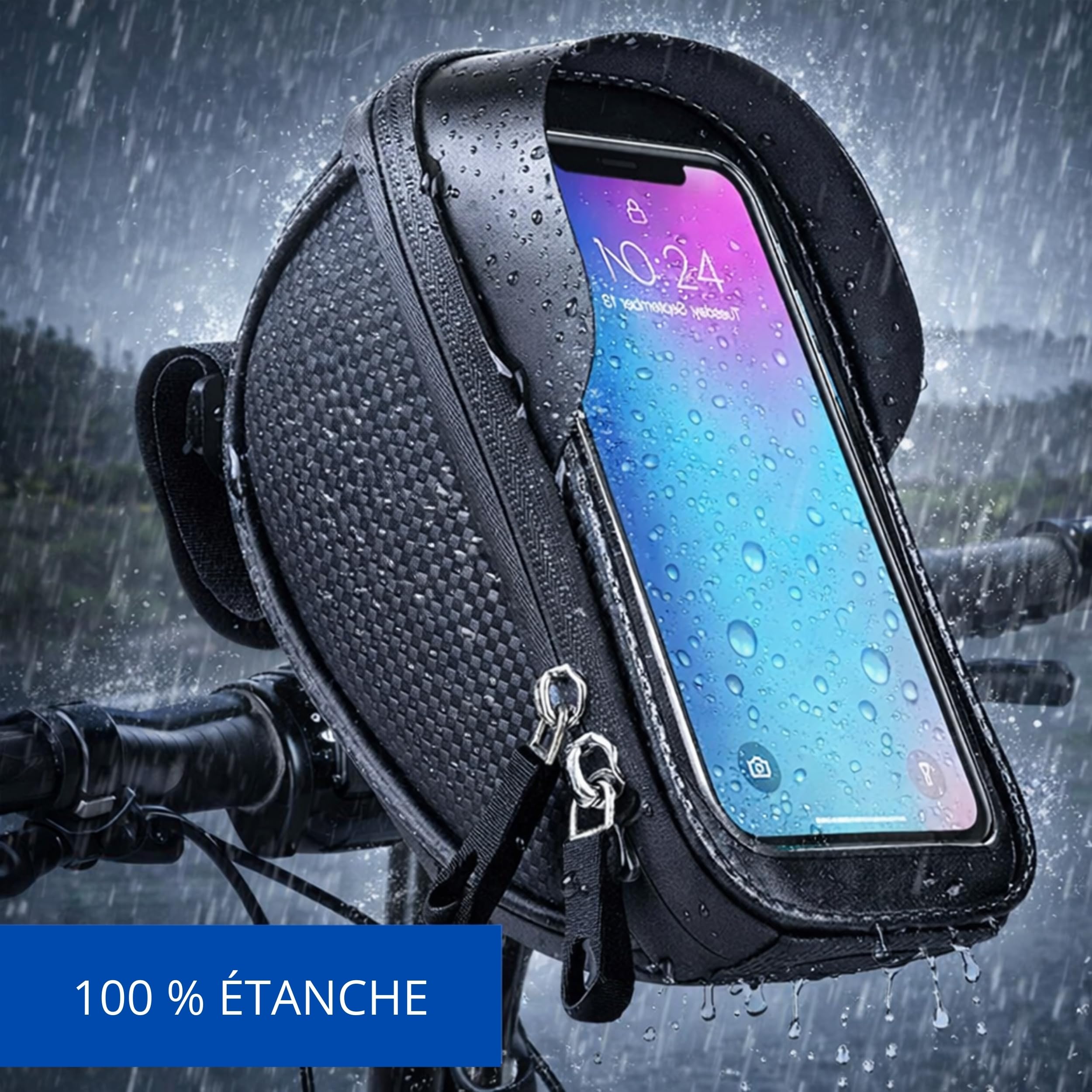 PARENCE. Sacoche Étanche Porte-Téléphone Vélo – Fixation Cadre/Guidon – Façade Tactile – Double Zip – Noir – Jusqu’à 6,8”