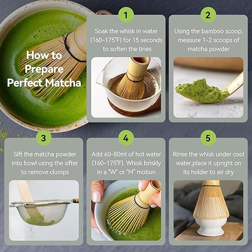 Miniatura 4 de Juego de batidor tradicional de té Matcha con persecución de bambú, soporte de cerámica, cuchara, cuchara, colador, kit de ceremonia japonesa de 5