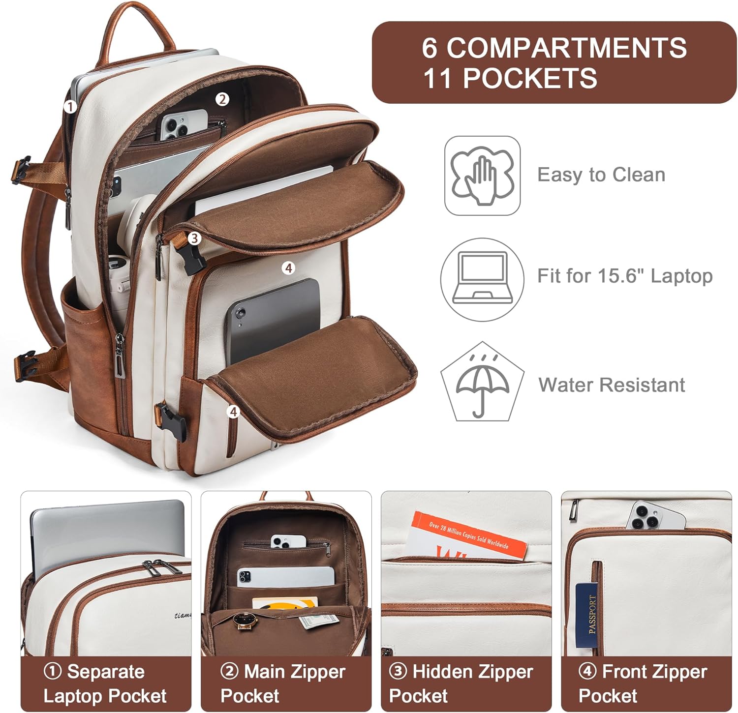 Travel Backpack for Women, Fits 17.0" Notebook, Stylish Carry-on Vegan Leather Backpack with Luggage Strap for Travel and Daily Use - Image 6