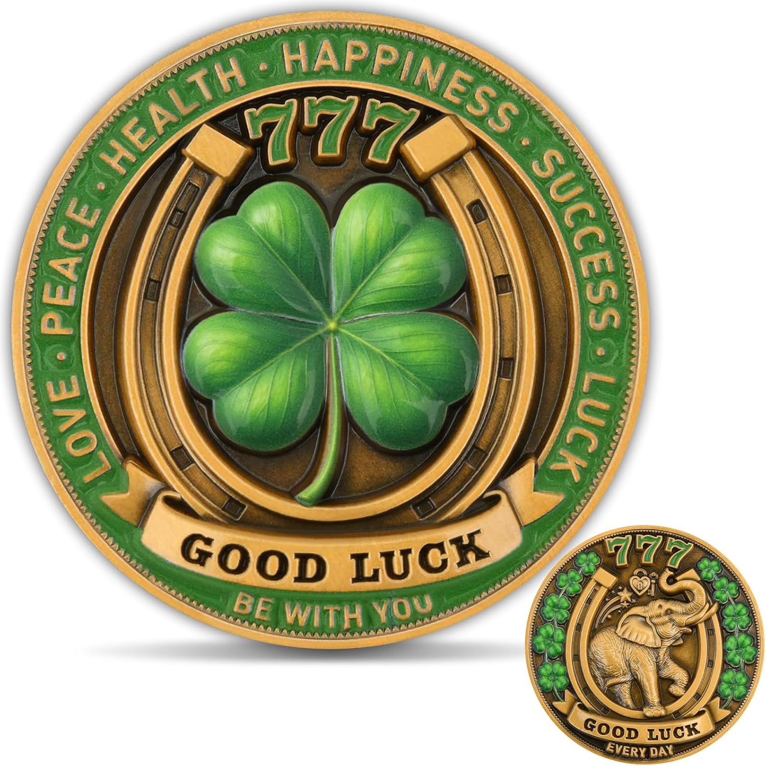 Lucky Four Leaf Clover Challenge Coin Set of 5, Colorful UV Finish Good Luck Charm Coins, Heavyweight Zinc Alloy Coins with Clear Acrylic Cases