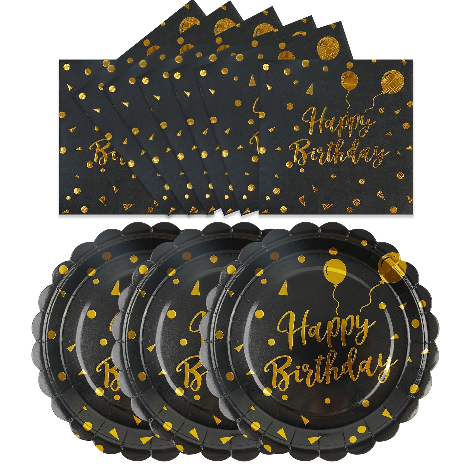 50PCS Happy Birthday Paper Plates and Napkins - 7 Inch Birthday Cake Plates Scalloped Black and Gold Dessert Plates and 6.5 Inch Napkins Disposable Tableware Set, Serves 25