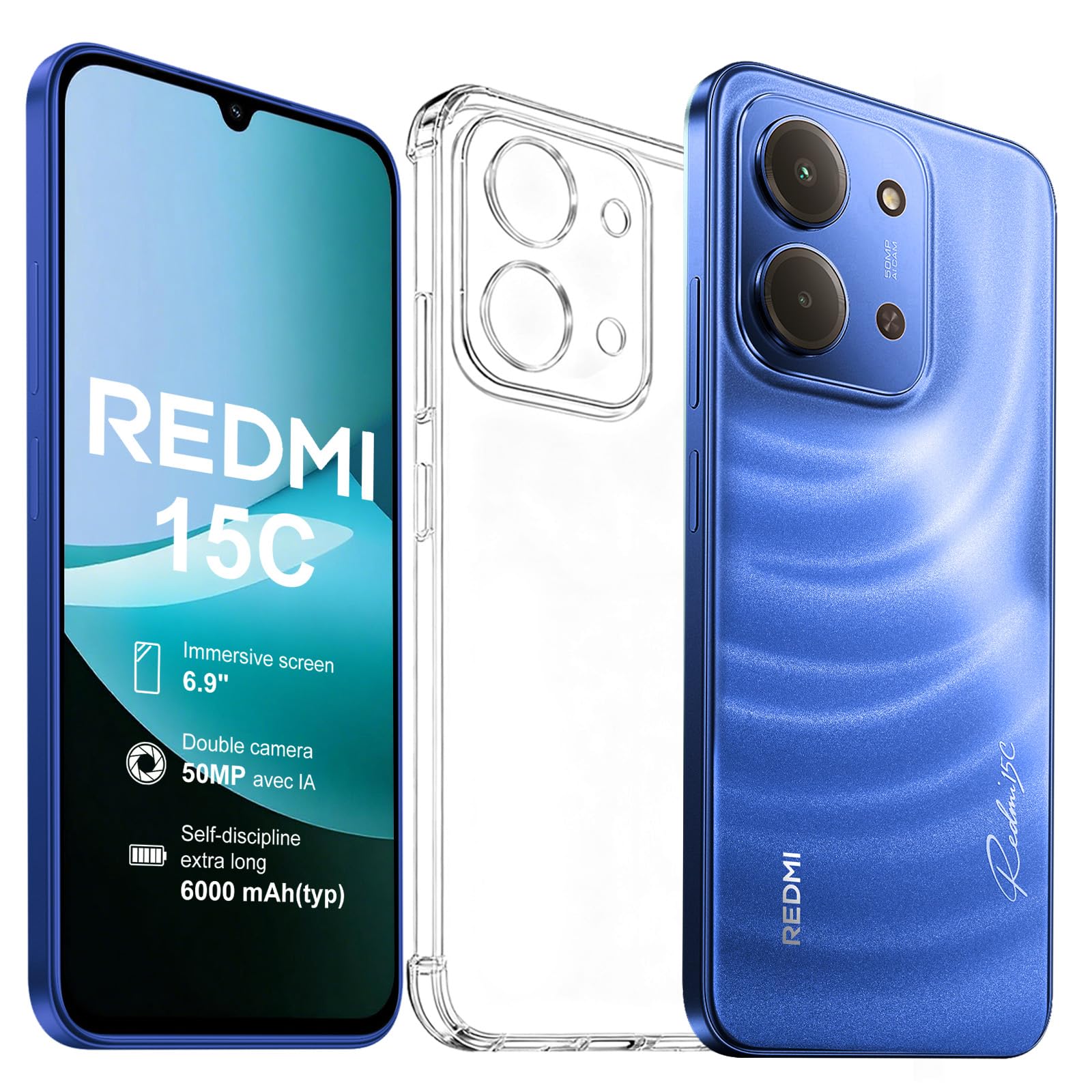 XIAOMI Redmi 15C 4+128GB Smartphone, Display 6.9" HD+ 120Hz, Batteria 6000mAh, Processore Octa-Core, Fotocamera 50MP, HyperOS 2, Blu, Include Custodia Protettiva