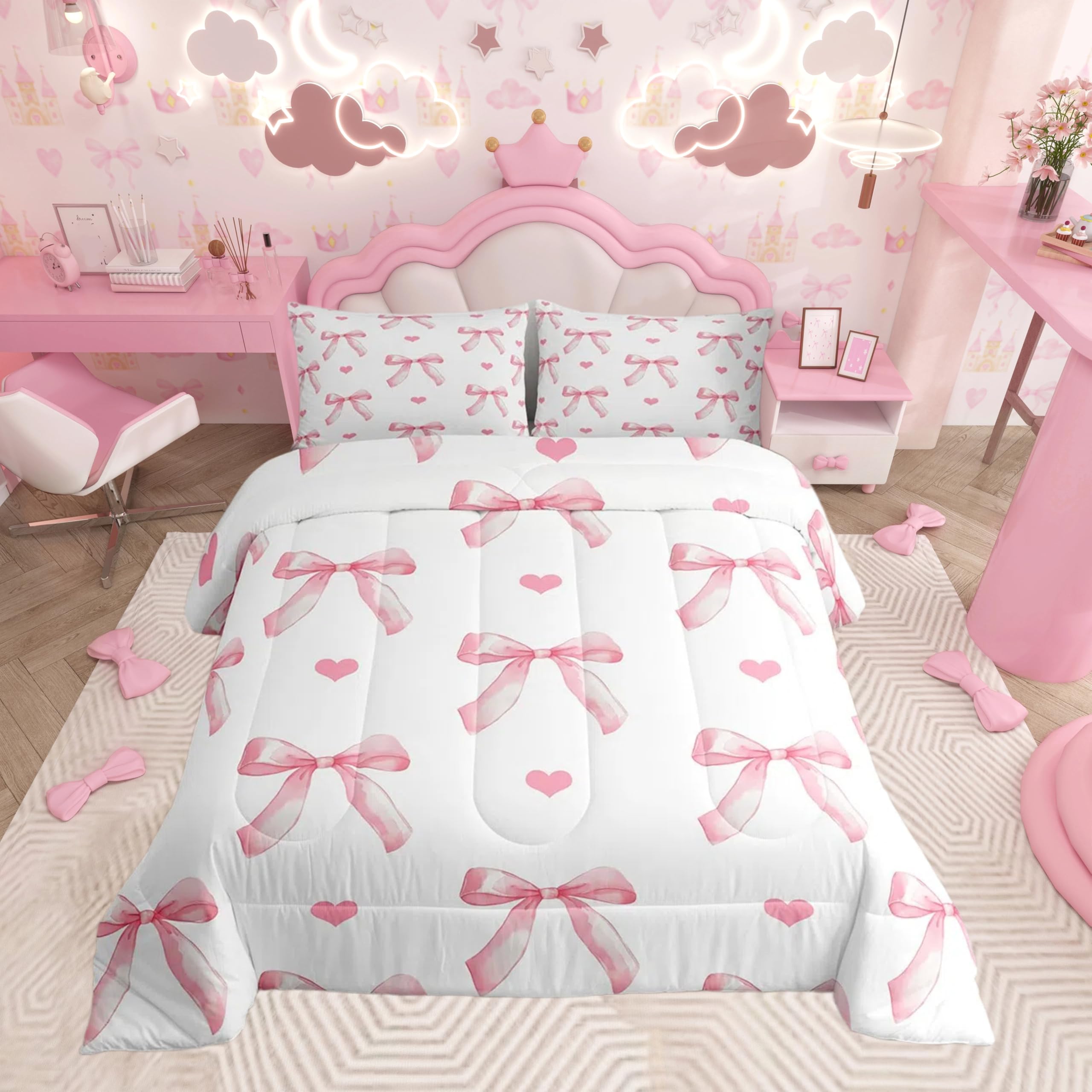 Feelyou Bowknot Comforter Set Twin Size Bow Tie Butterfly Knot Princes Comforter Dreamy Princess Style Bedding Set Cartoon Bowknot Duvet Set Pinky
