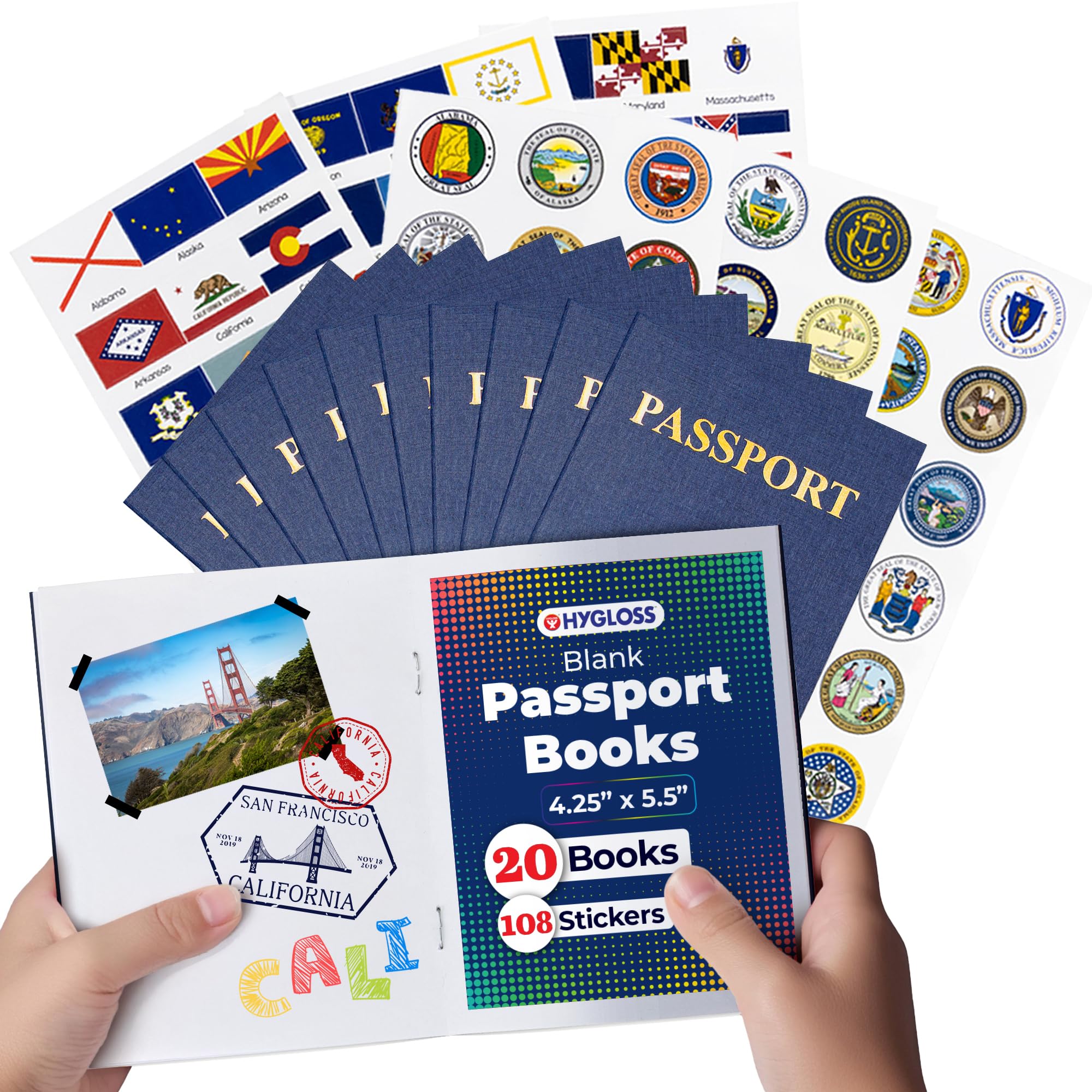 Hygloss Products 20 Blanko-Reisepassbücher mit 108 US-Staatsflaggen und Siegelaufklebern, für Kinder und Lehrer, inklusive allen 50 Flaggen und Siegeln der Vereinigten Staaten