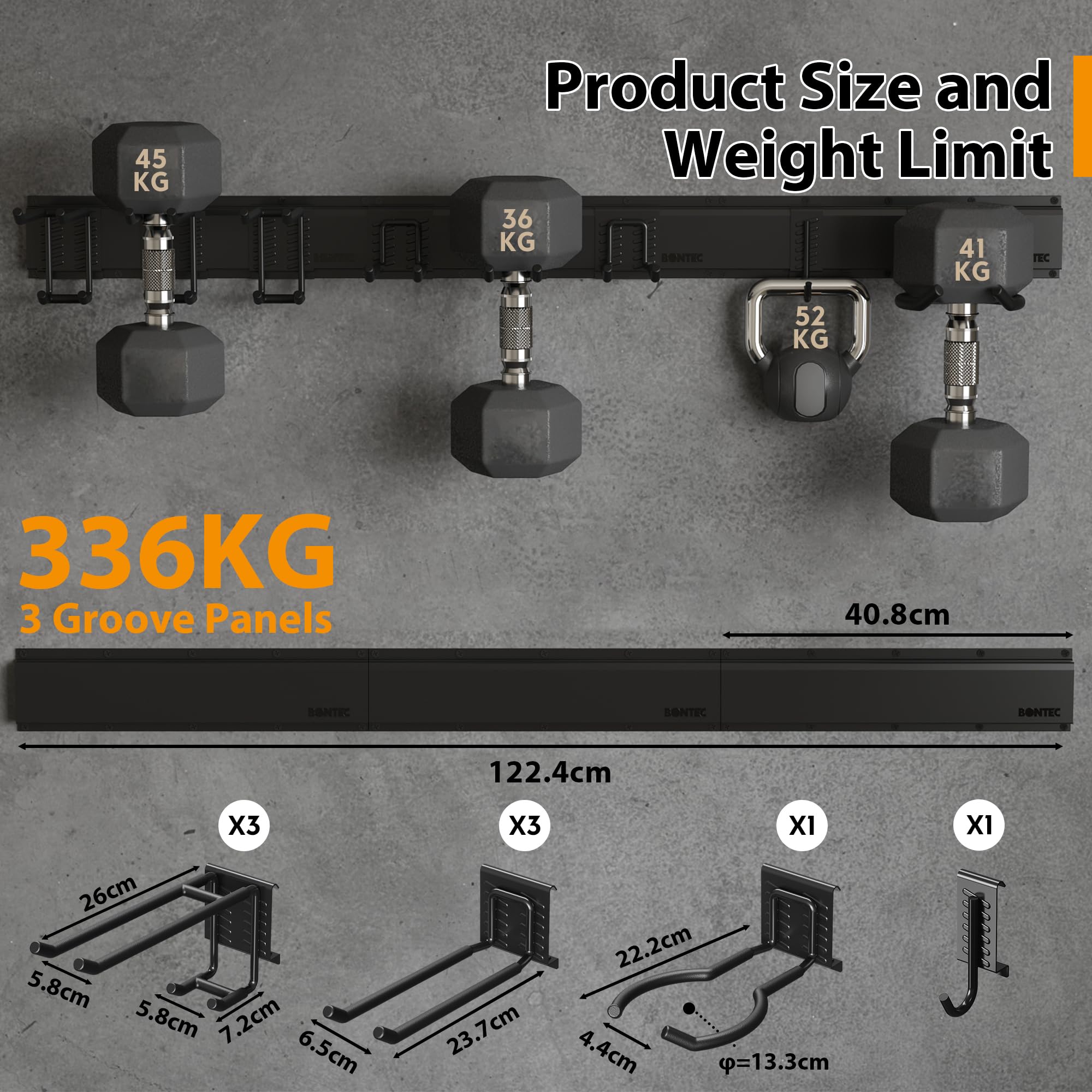 BONTEC Heavy Duty Tool Rack Wall Mounted, 336kg Capacity, 122.4cm Rail, Adjustable Garage Wall Racks with 8 Hooks - Image 4