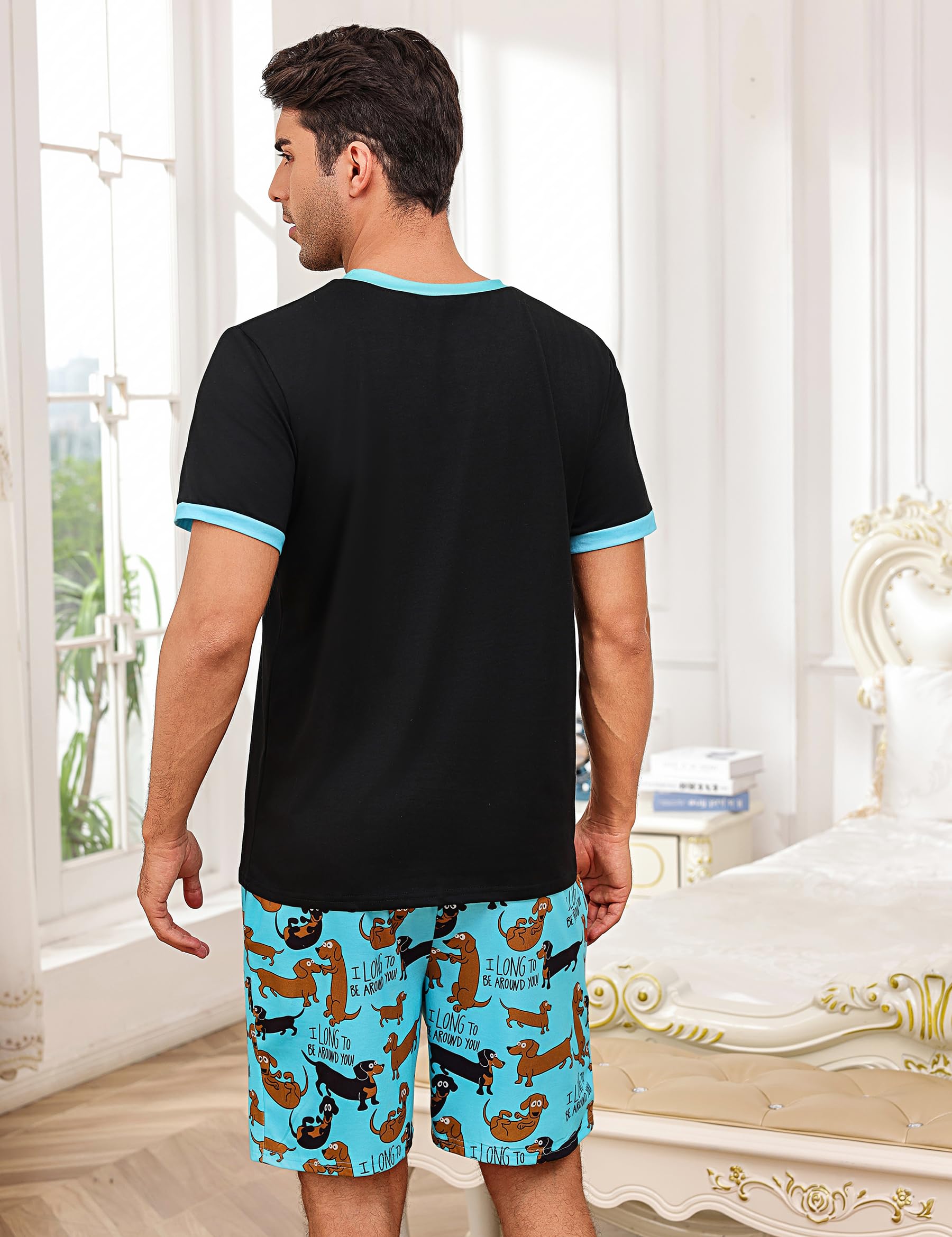 Pijama Hombre Algodón Divertido Ropa de Dormir Verano Mangas Cortas con Bolsillos