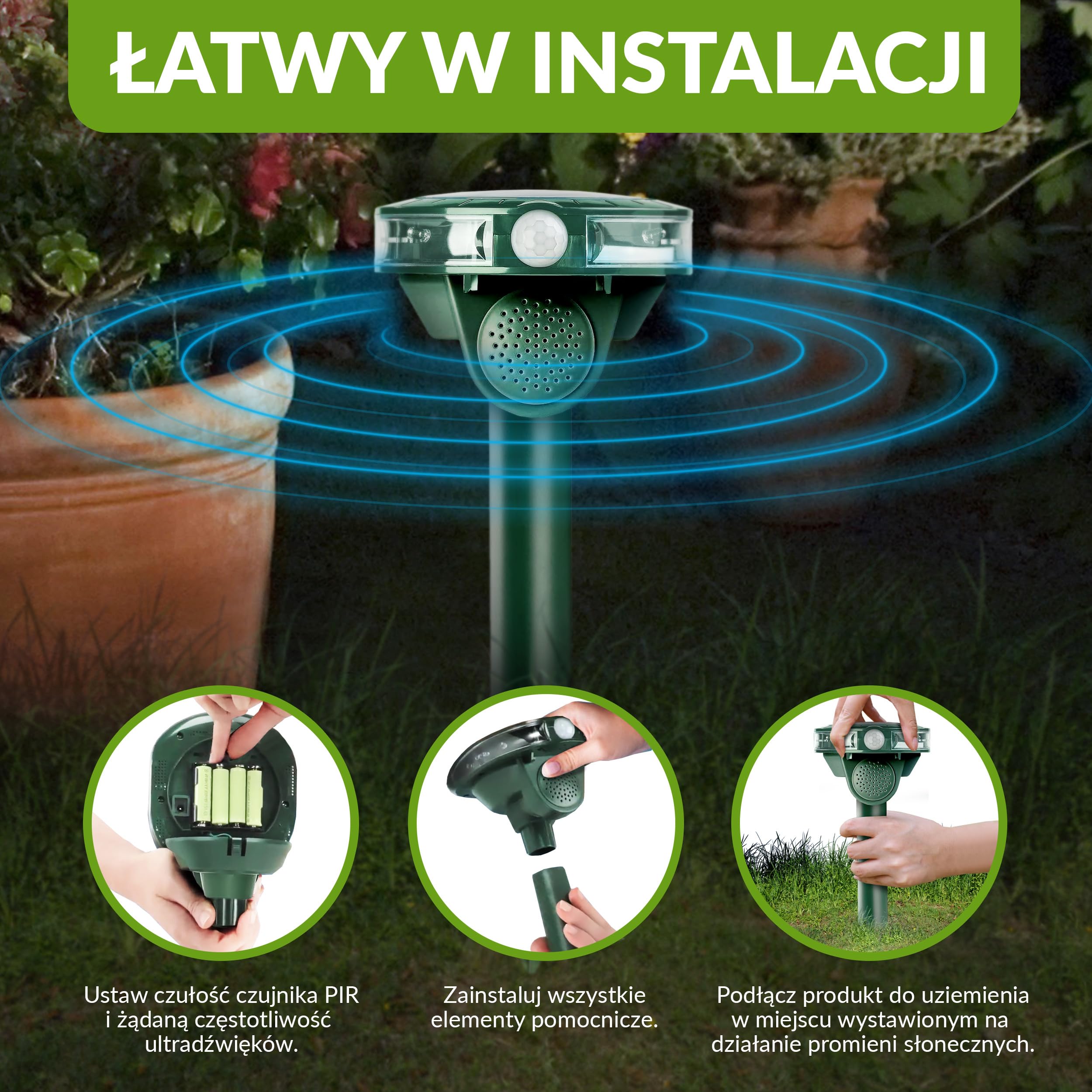 ISOTRONIC Solarny odstraszacz kotów, psów, lisów i szopów – Ultradźwiękowy – Z kolcem do wbijania w ziemię – Do ogrodu i na trawnik – Zasięg 40 m² (2 sztuki)