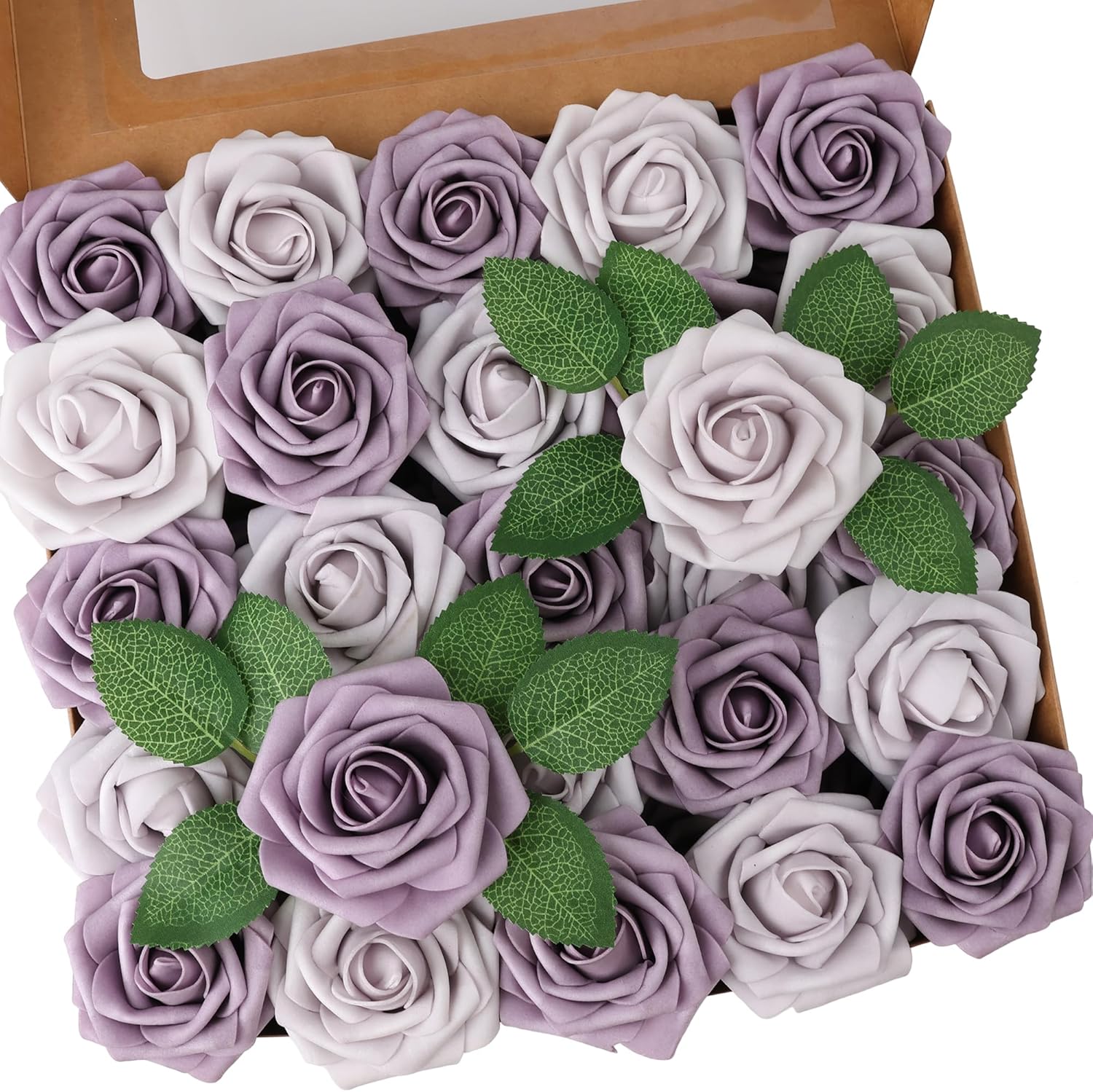 50pcs Artificial Flower?Real Touch Foam Roses w/Stem DIY for Wedding Bouquet Centerpieces Party Shower Home Decor-Violet Lavender Purple