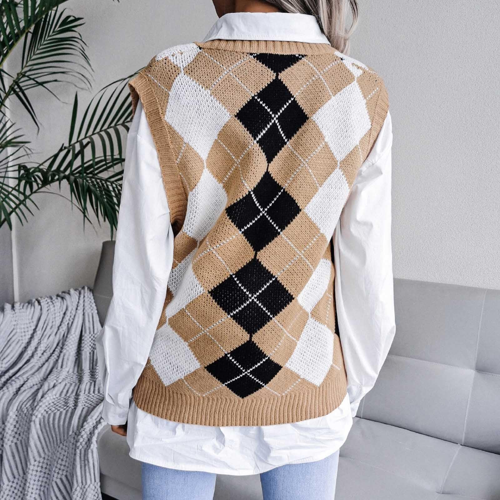 Adretter Stil Pullunder Damen Ärmellose Strickweste Argyle Karo Strickpullover Casual Vintage Preppy Stil Strickpulli Karierte Sweater Winterweste Loose Fit Strickwaren Tank Top