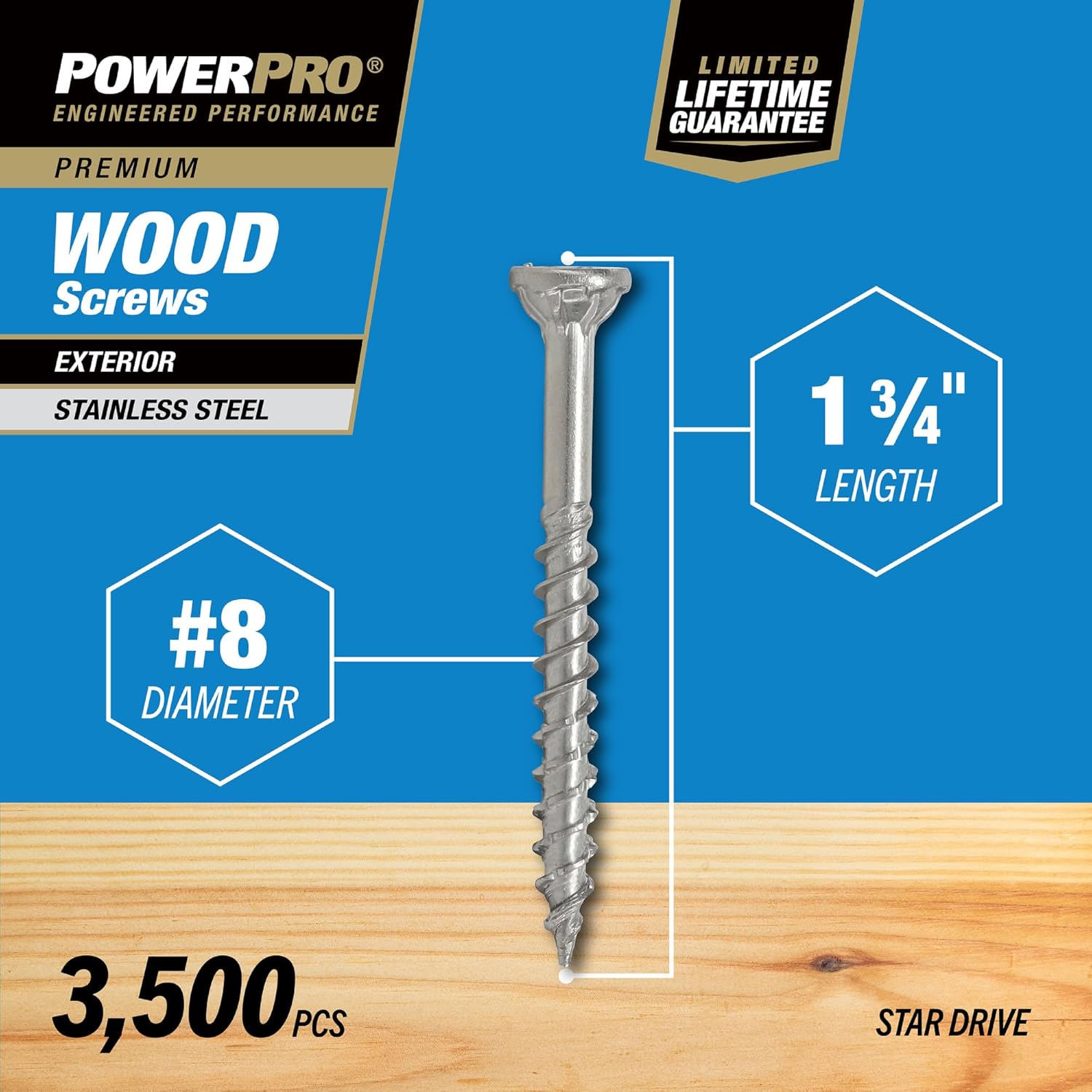 Power Pro 967797 Wood Screws, #8 x 1, Premium Stainless Marine Screws, Rust Resistant, Stainless Steel, 3500pcs Box