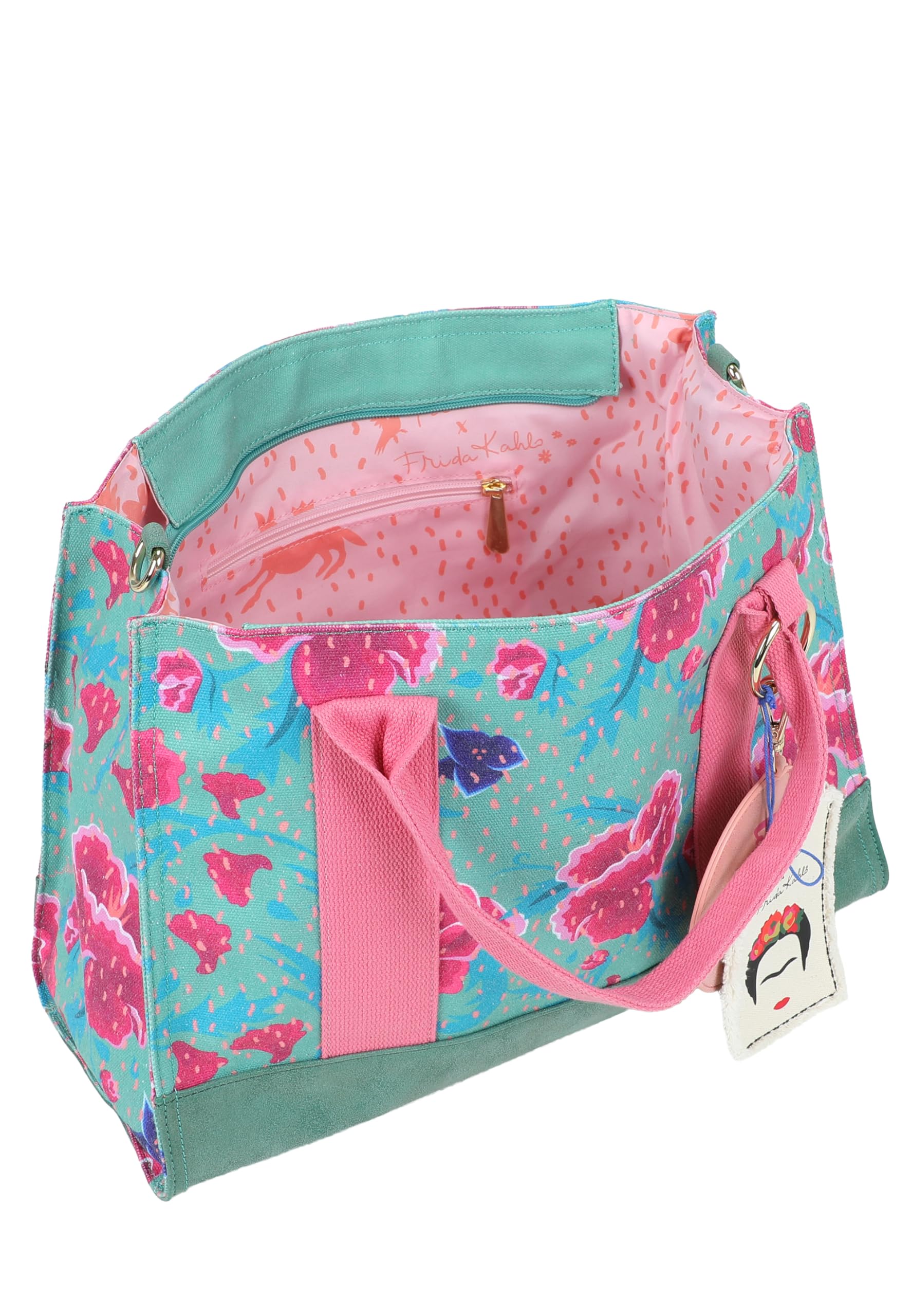 Fritzi x Frida Kahlo Tote Bag Limited Canvas Shopper Damen Schultertasche Handtasche Freizeit Alltag Arbeit Festival Reißverschluss Canvas 29.5 x 40 x 14 cm – Pink, Rosa, Türkis, Beige, Lila, Grün