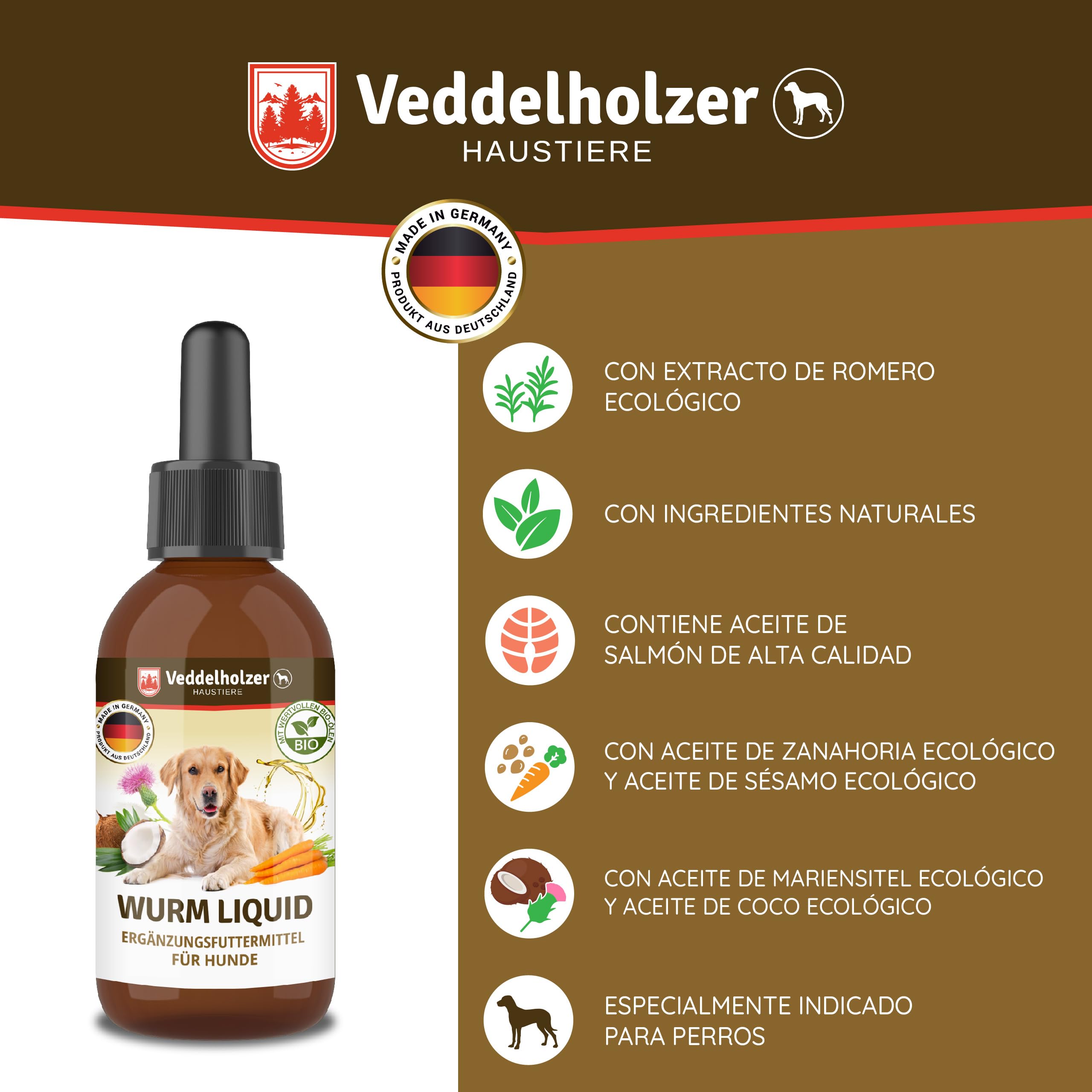 Veddelholzer 50 ml de líquido para gusanos naturales antiparasitarios para perros contra todos los gusanos. Desparasitante para perros. Accesorio para desparasitar perros.
