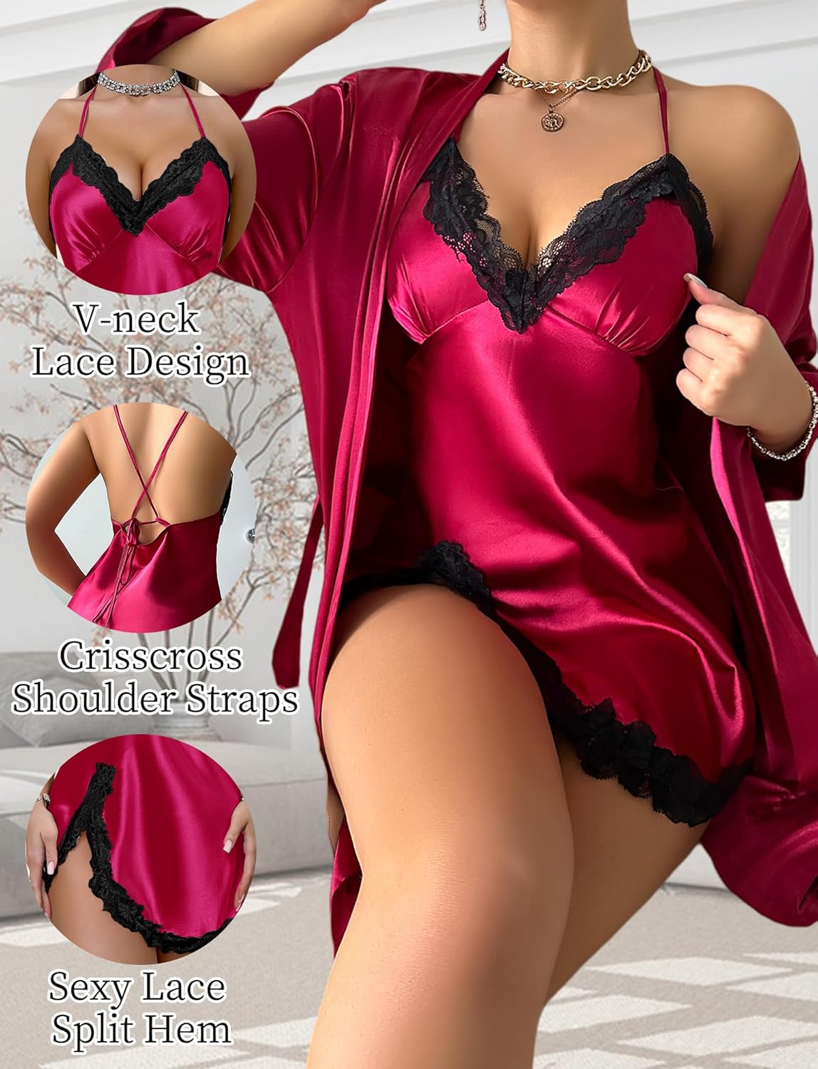 SEAUR Women's Satin Robe Set 2 Piece Silk Pajamas Sets Lace Cami Nightgown with Kimono Robes Nightwear - Image 4