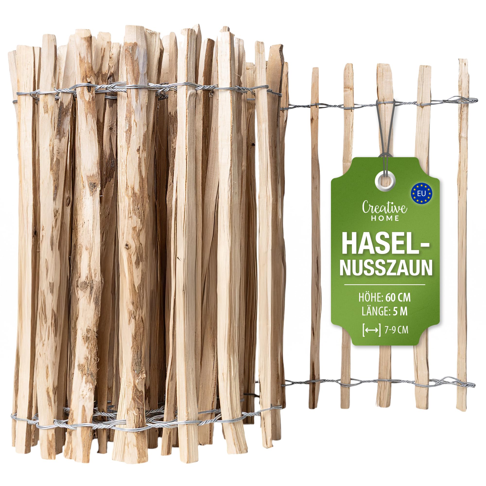 Creative Home Staketenzaun 60cm hoch und 5m lang | Lattenabstand 7-9 cm | Haselnusszaun | Rollzaun | Gartenzaun Holz Holzzaun | Zaun Garten Ideal als Rasenkante Blumenbeet Umrandung aus Haselnuss
