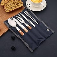 Vista 2 de JASHII Juego de cubiertos reutilizables de viaje, juego de cubiertos de acero inoxidable 304 con mango de madera, palillos y pajitas con diseño
