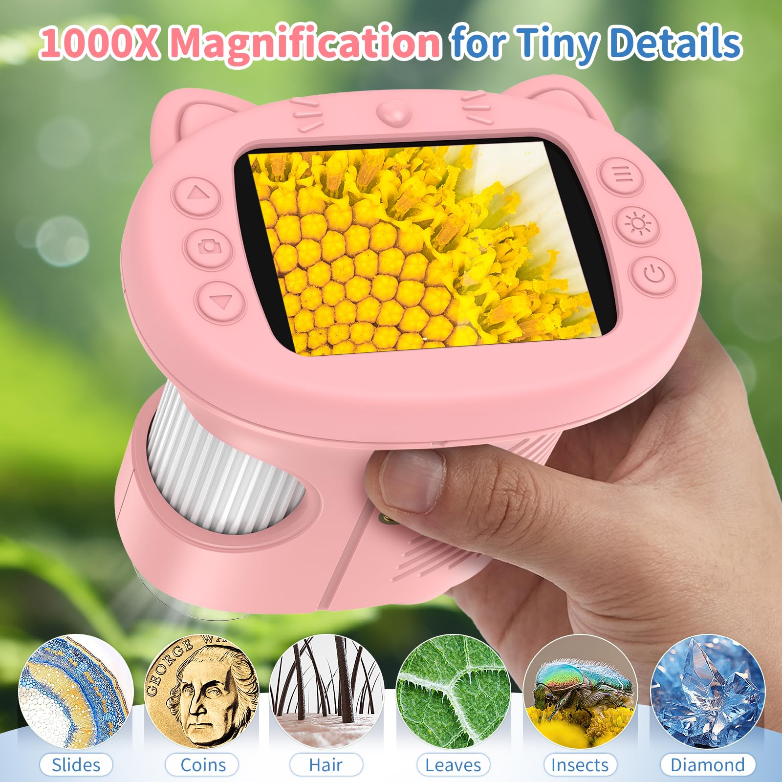 BEBANG - Microscopio digital de mano para niños con visualización 4K de 2.4 pulgadas, miniscopio de bolsillo recargable, lupa portátil para joyería de monedas, kit de ciencia Edu, juguete STEM regalo