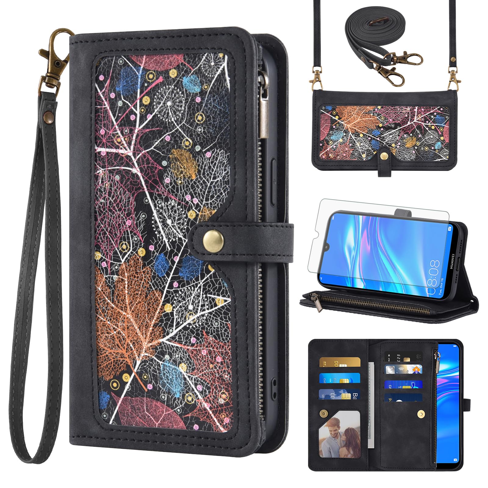 Asuwish Handyhülle für Huawei Y7 2019/7Y Pro Hülle mit Band Folie Schutzfolie Kartenfach Klappbar Leder Geldbörse Ständer Hawaii Y7 Prime 2019 Dub-LX1 Handy Hüllen Schutzhülle Phone Case Schwarz