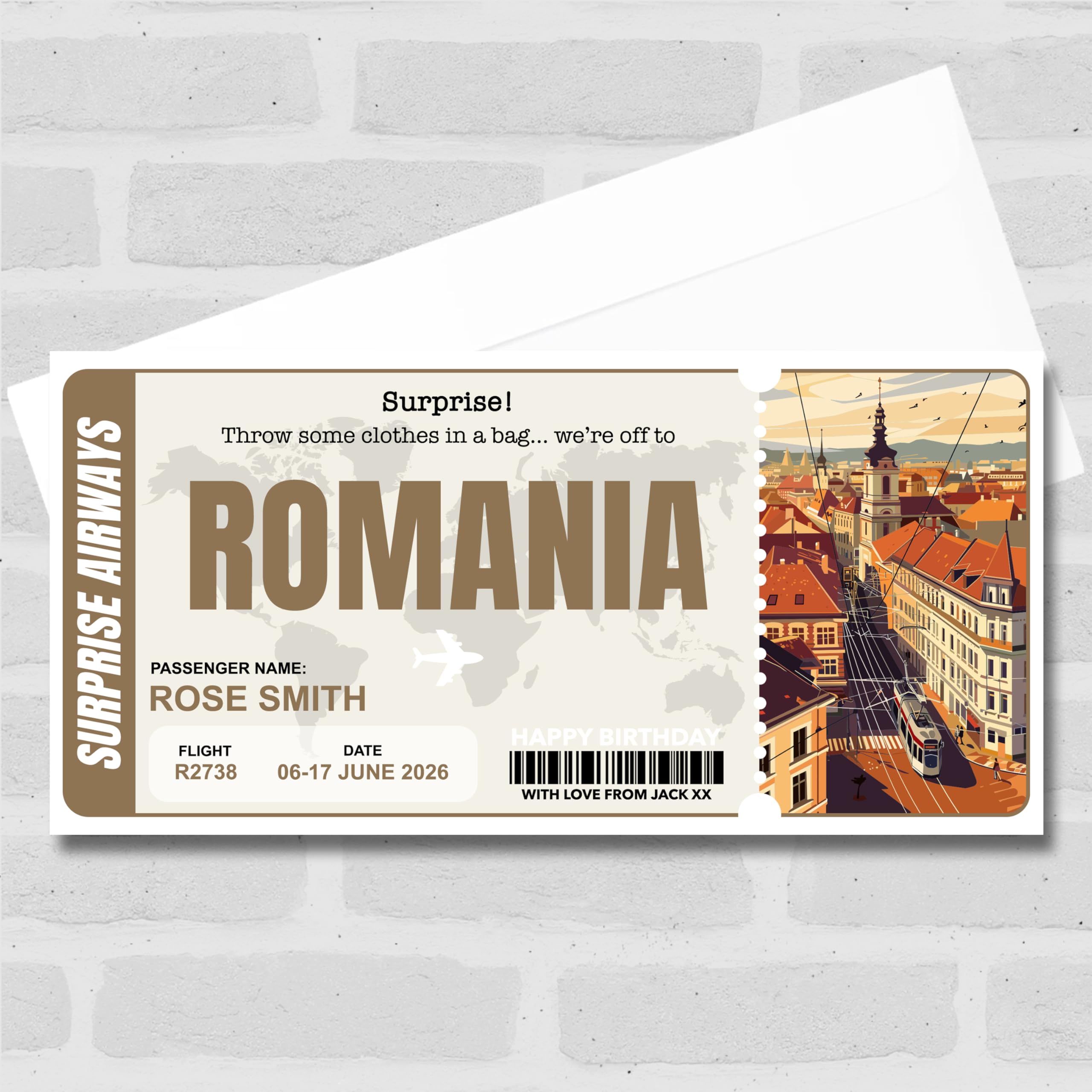 Greetings Card - Trip To Romania Pass Personalised Gift Voucher Surprise Trip Holiday Ticket | Custom Greetings Card | Surprise Reveal Voucher Spoof Ticket
