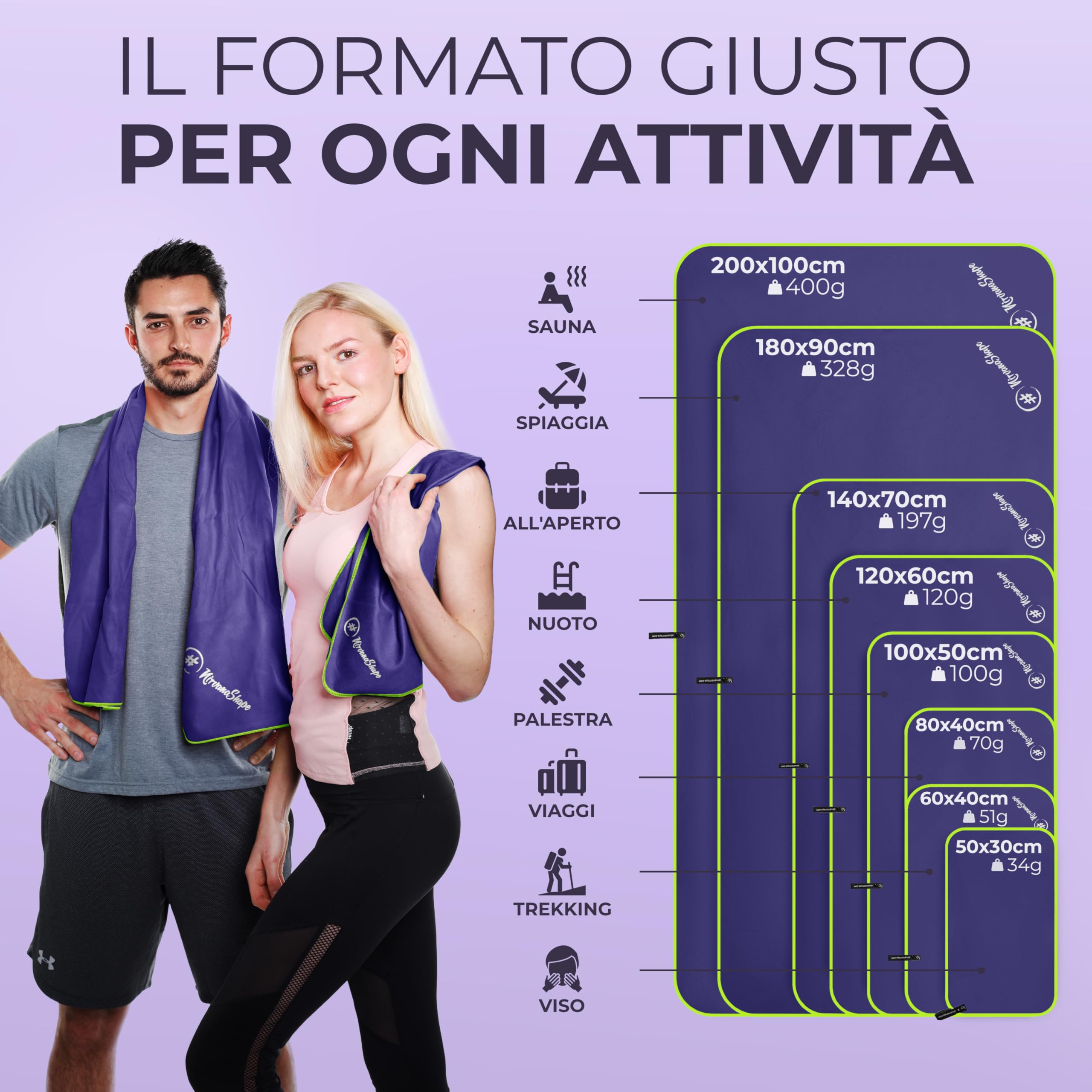 NirvanaShape Asciugamano Microfibra | 14 colori | 8 taglie | Asciugatura Rapida, Leggero, Assorbente | Asciugamano da Viaggio/Asciugamano da Bagno | Ideale per Viaggi, Spiaggia, Yoga, Sauna
