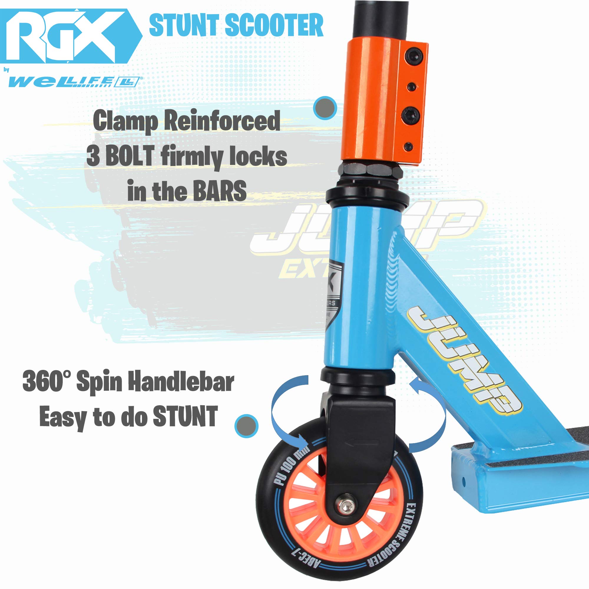 WeLLIFE Monopattino Freestyle Acrobatico Jump Extreme Stunt Scooter per Bambini e Ragazzi in Alluminio con Pedana Rinforzata Ruota 100 mm Cuscinetti a Sfera ABEC 7 (Blue)