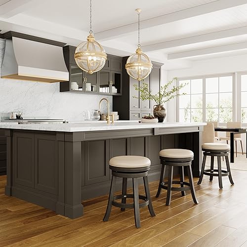 Miniatura 4 de DTY Indoor Living Creede Taburete giratorio sin espalda, acabado gris desgastado, altura de mostrador de 24 pulgadas, asiento de cuero gris francés