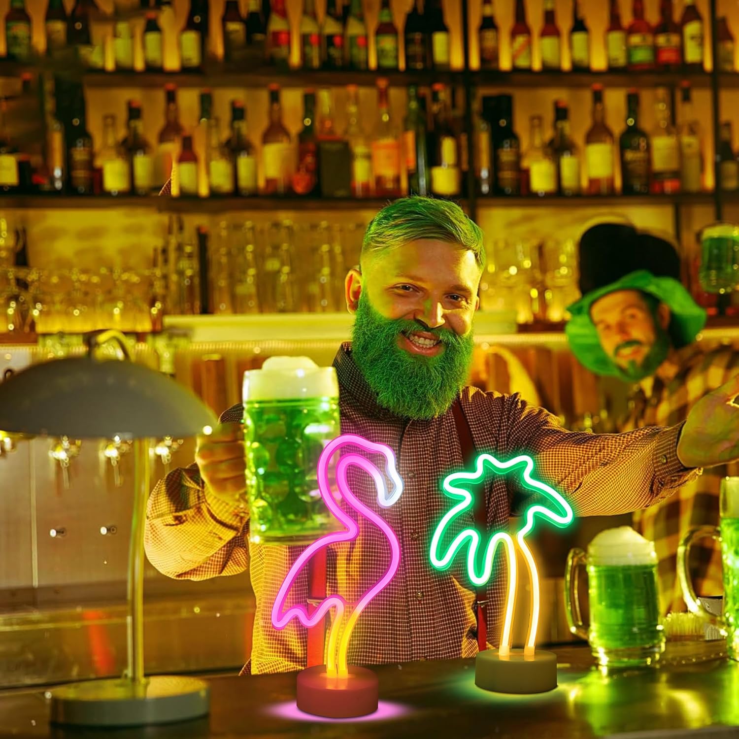 ENUOLI LED Flamingo and Coconut Palm Tree Neon Signs LED Battery/USB Powered Neon Light with Holder Base Decoration Neon Light for Bedroom Home Wedding Christmas Birthday Holiday Bar Party Decoration