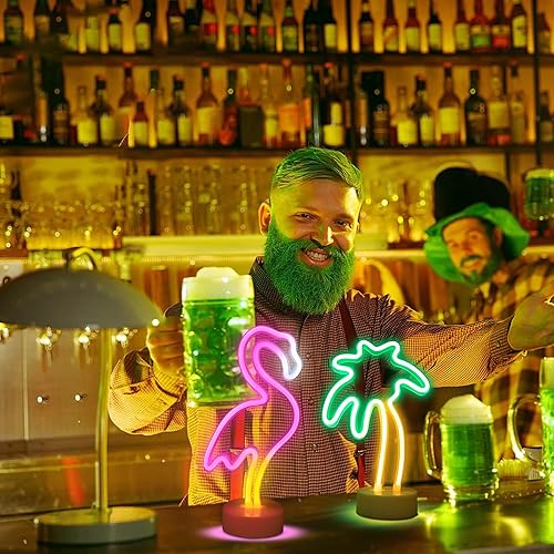 Miniatura 2 de ENUOLI Letreros LED de neón de flamenco y palmera de coco, luz de neón LED alimentada por USB, con base de soporte, decoración de neón para