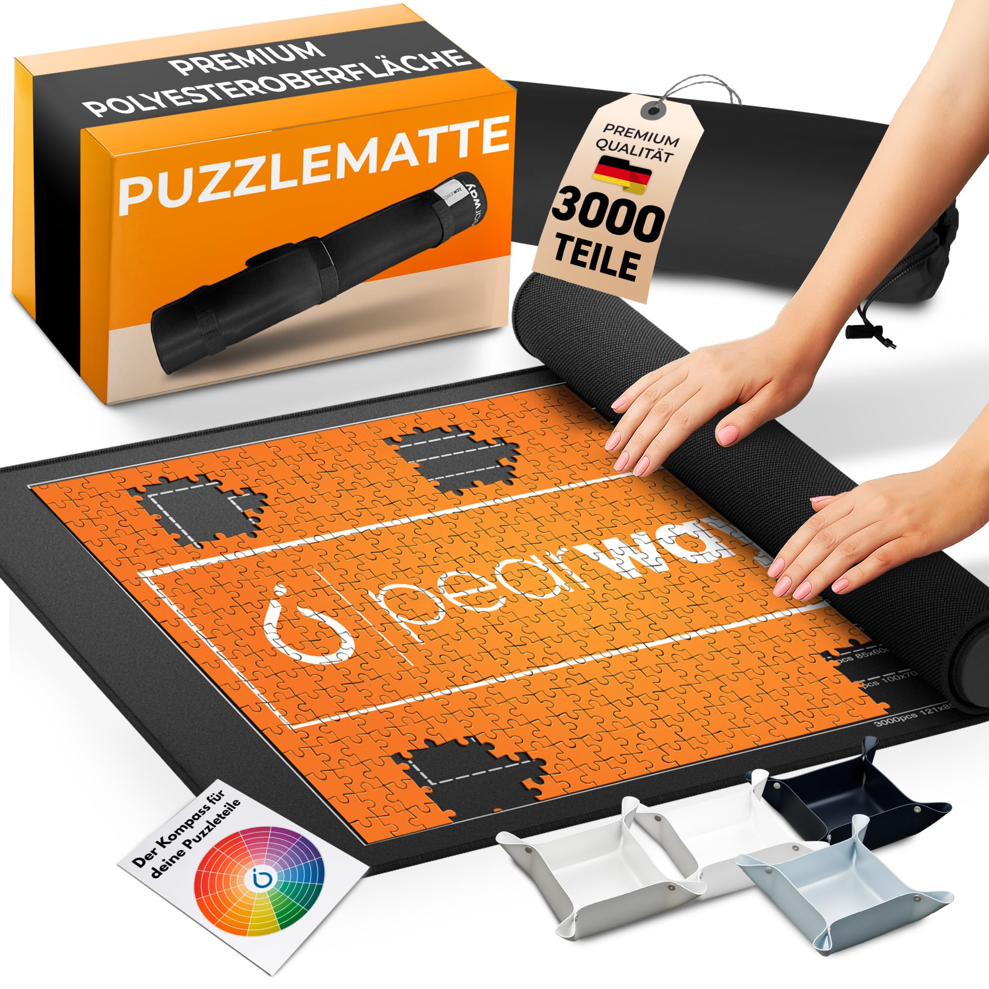 PEARWAY Puzzlematte 3000 Teile zum Aufrollen - inkl. Sortierschalen & sanft gleitender Oberfläche statt rauem Filz - Puzzle Matte - Puzzleunterlage - Puzzleteppich - Puzzlerolle - Puzzle Aufbewahrung
