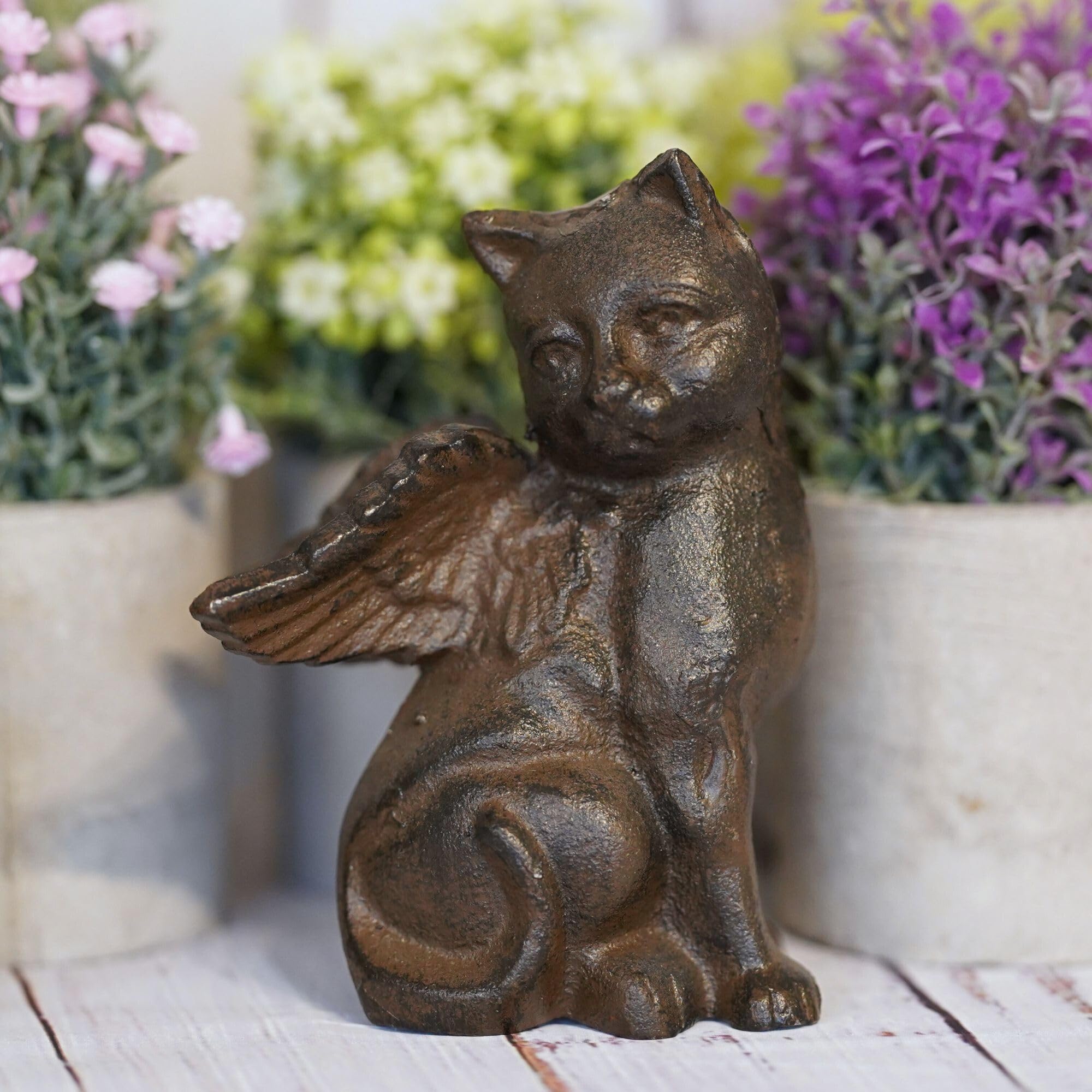 Cast Iron Angel Cat | Memorial Antique Metal Home Garden Ornament Sculpture