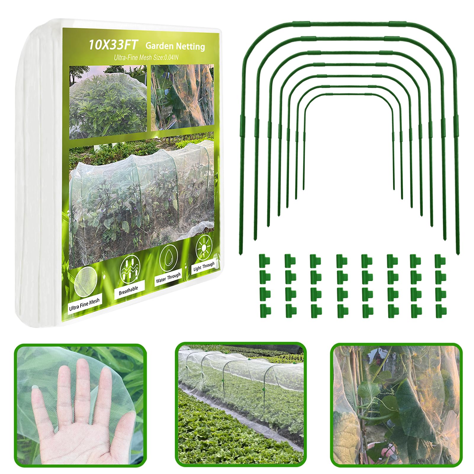 Kit de red de jardín, 8 aros de jardín y red de jardín de 10 x 33 pies para camas elevadas, red ultrafina de malla de jardín para verduras, frutas, cultivos, cubierta de filas, red de
