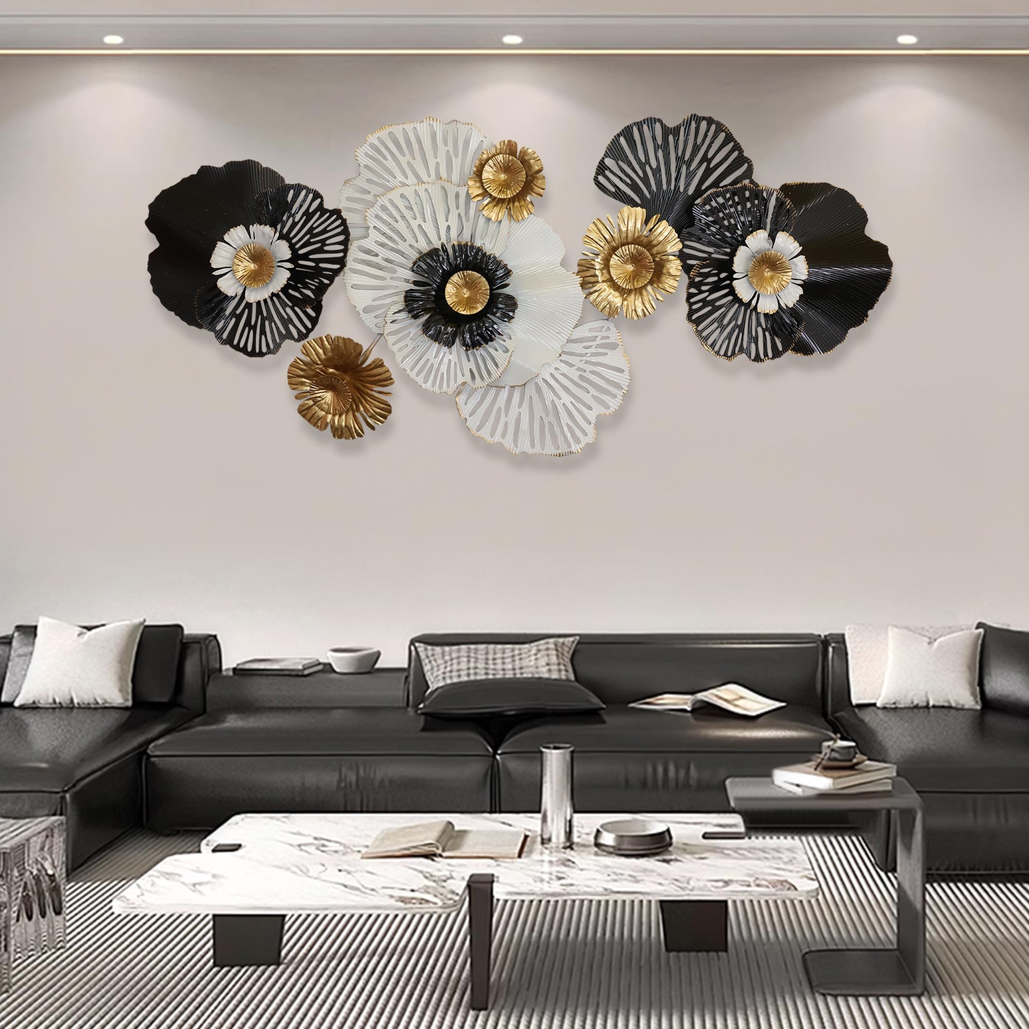 HAVFIFK Wall Decor,Modern Metal Flower Decoration Wall Art, 51" X 24" Large 3D Creative Metal Wall Sculptures, Living Room Bedroom Den Aesthetic Wall