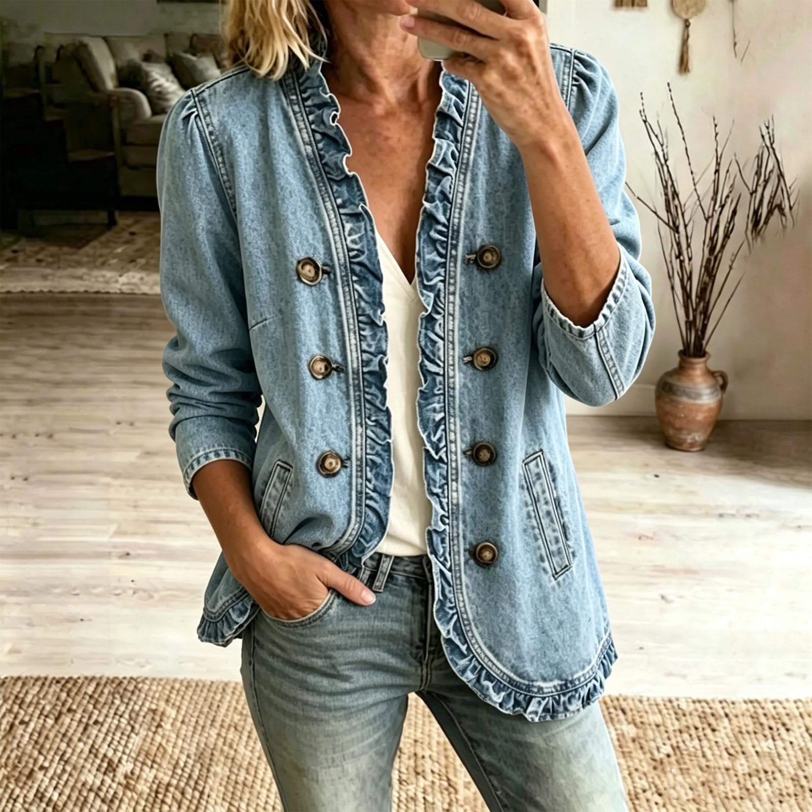 Veste en Jean pour Femme Volants à L’Ourlet Veste Mi‑Saison Élégante