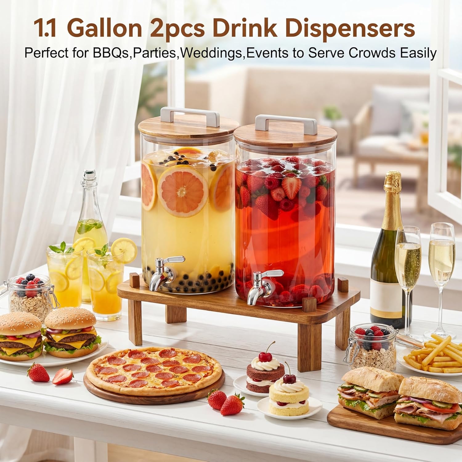 MerryNine 2PCS 1.1 Gallon Glass Drink Dispensers for Parties with Wood Stand, Punch Borosilicate Glass Beverage Dispenser, Leakproof Filter Stainless Spigot for Hot/Cold Lemonade Juice Tea Party Event - Image 5