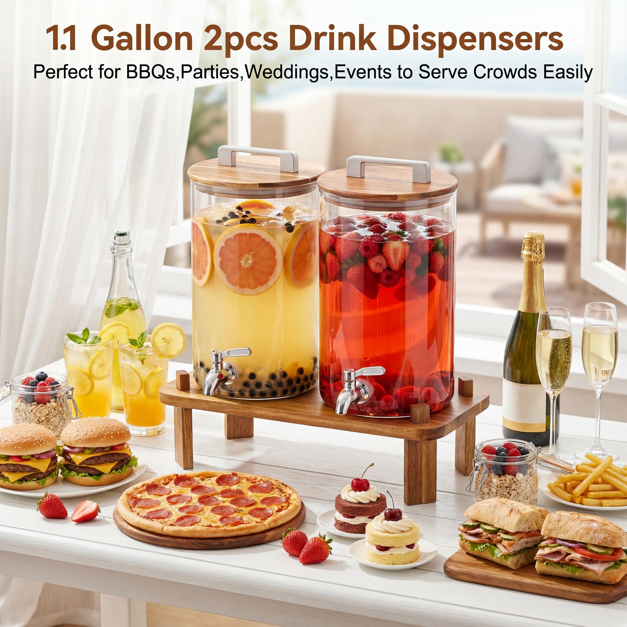MerryNine 2 dispensadores de bebidas de vidrio de 1.1 galones para fiestas con soporte de madera, dispensador de bebidas de vidrio de borosilicato perforador, filtro a prueba de fugas, espiga