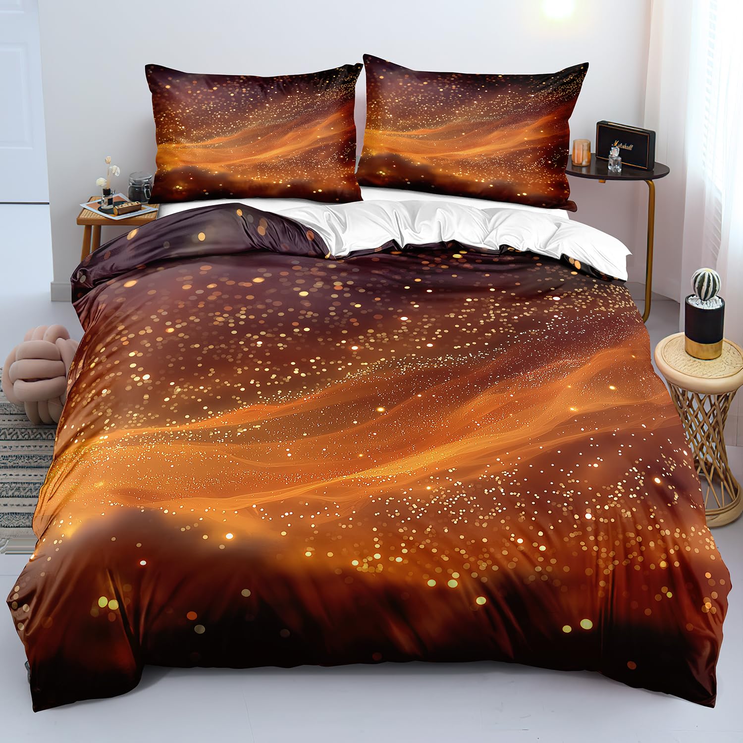 Parure de lit 140x200 nébuleuse dorée pour illuminer la chambre enfant motif galaxie rouille