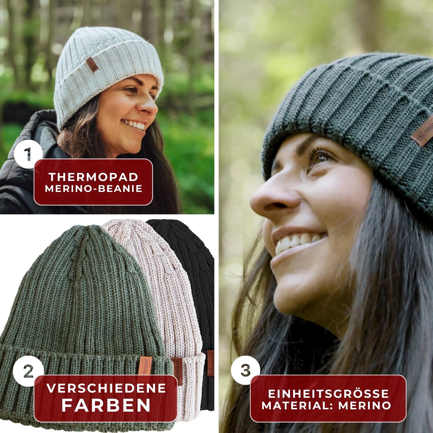 Thermopad Merino-Beanie - czarna I czapka z dzianiny dla kobiet i mężczyzn I czapka wełniana z kopertą I czapka zimowa z wełny merynosowej z ciepłą podszewką polarową, czarny, jeden rozmiar