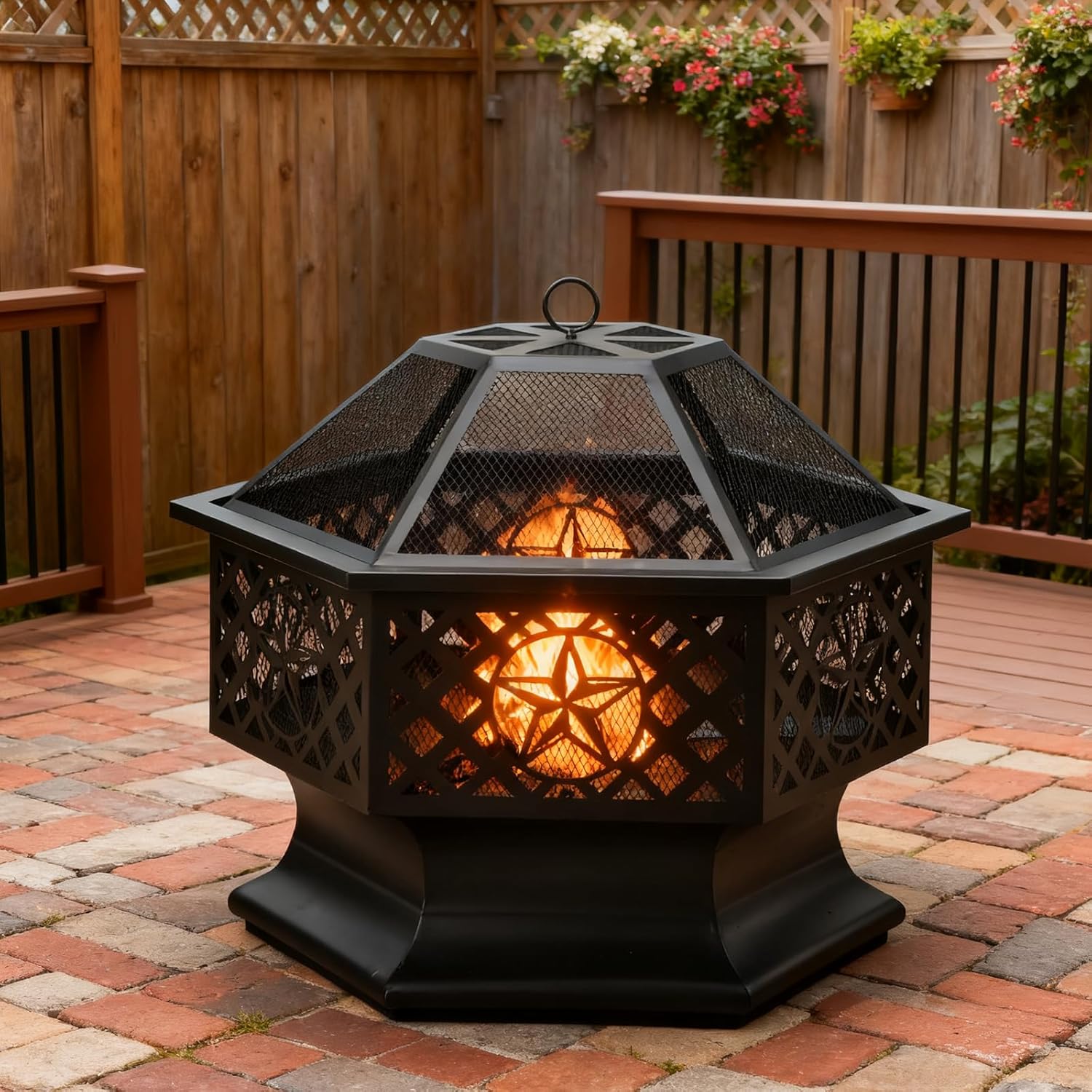 Panovue 28 Inch Hexagonal Fire Pit,Wood Burning Firepits for Outside with Spark Screen&Poker,Metal Hex-Shaped Outdoor Fire Pit for Outside,Backyard,Bonfire,Patio,Garden,Picnic and Camping（Black）