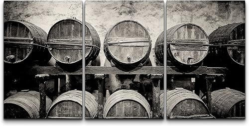 wall26 - Lienzo decorativo para pared de 3 piezas - Barriles apilados en la bodega en blanco y negro - Arte moderno para el hogar estirado y